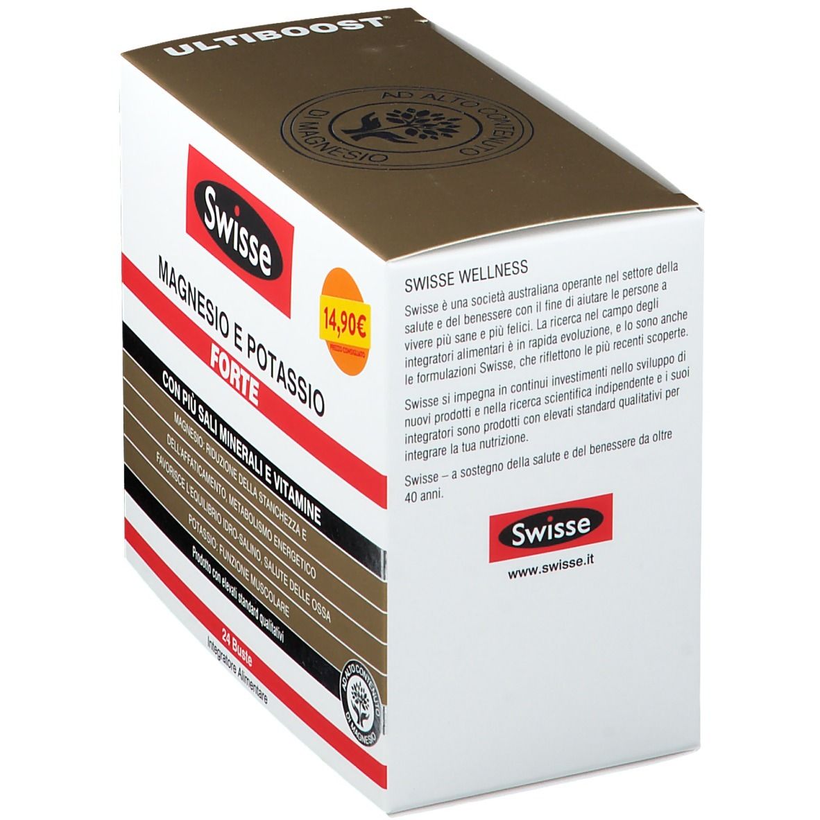 Scatola Swisse Magnesio e Potassio Forte. Confezione rossa e bianca con nome e prezzo del prodotto. 24 bustine. Vista obliqua.
