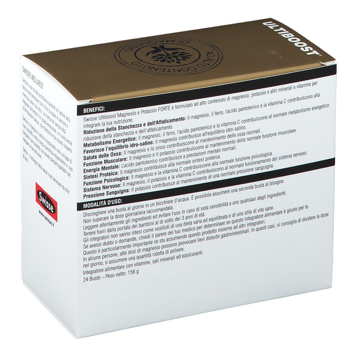 Retro della scatola Swisse Magnesio e Potassio Forte. Testo con ingredienti e utilizzo. 24 bustine. Bianco e marrone.