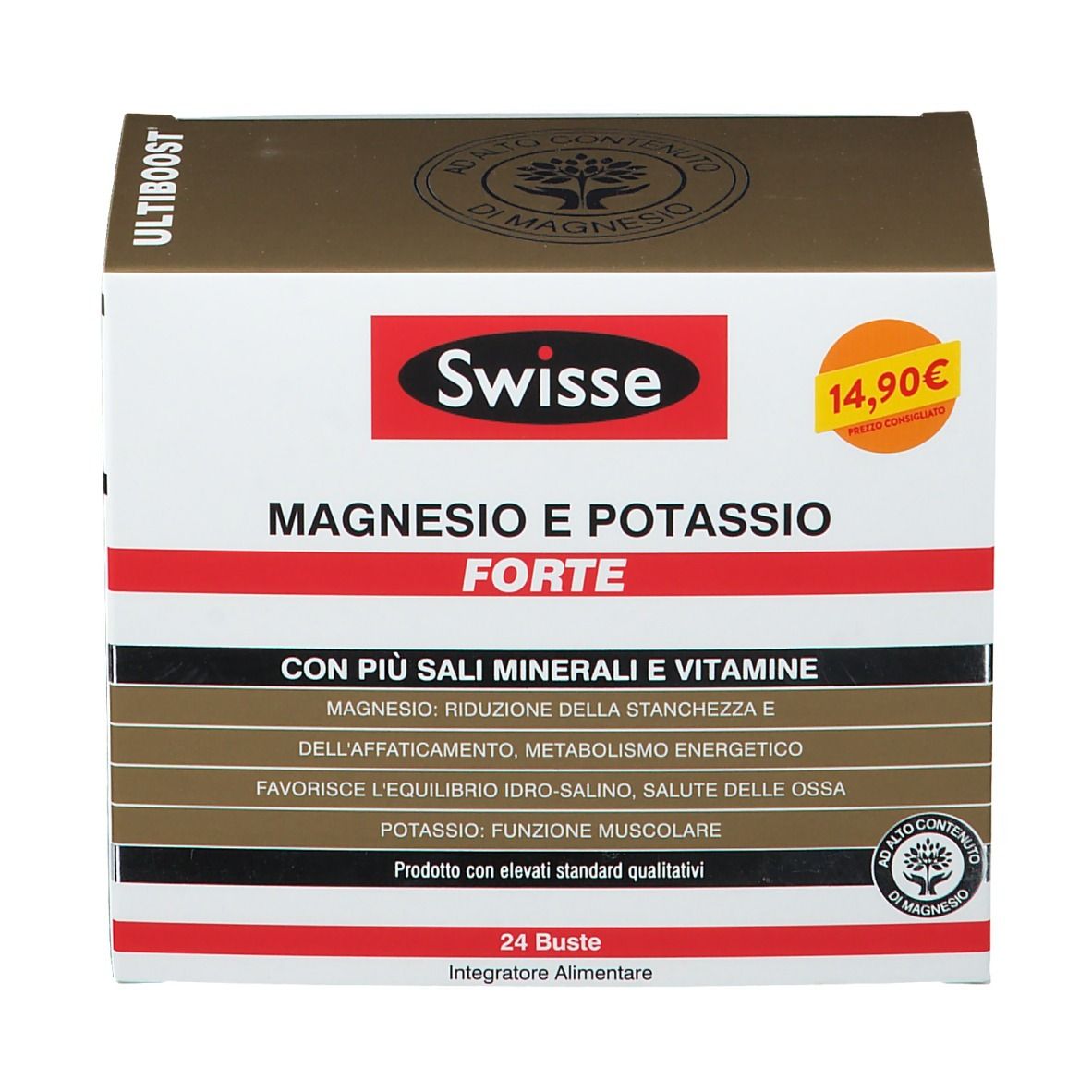 Scatola Swisse Magnesio e Potassio Forte. Confezione rossa e bianca con nome e prezzo del prodotto. 24 bustine. Vista dall'alto.