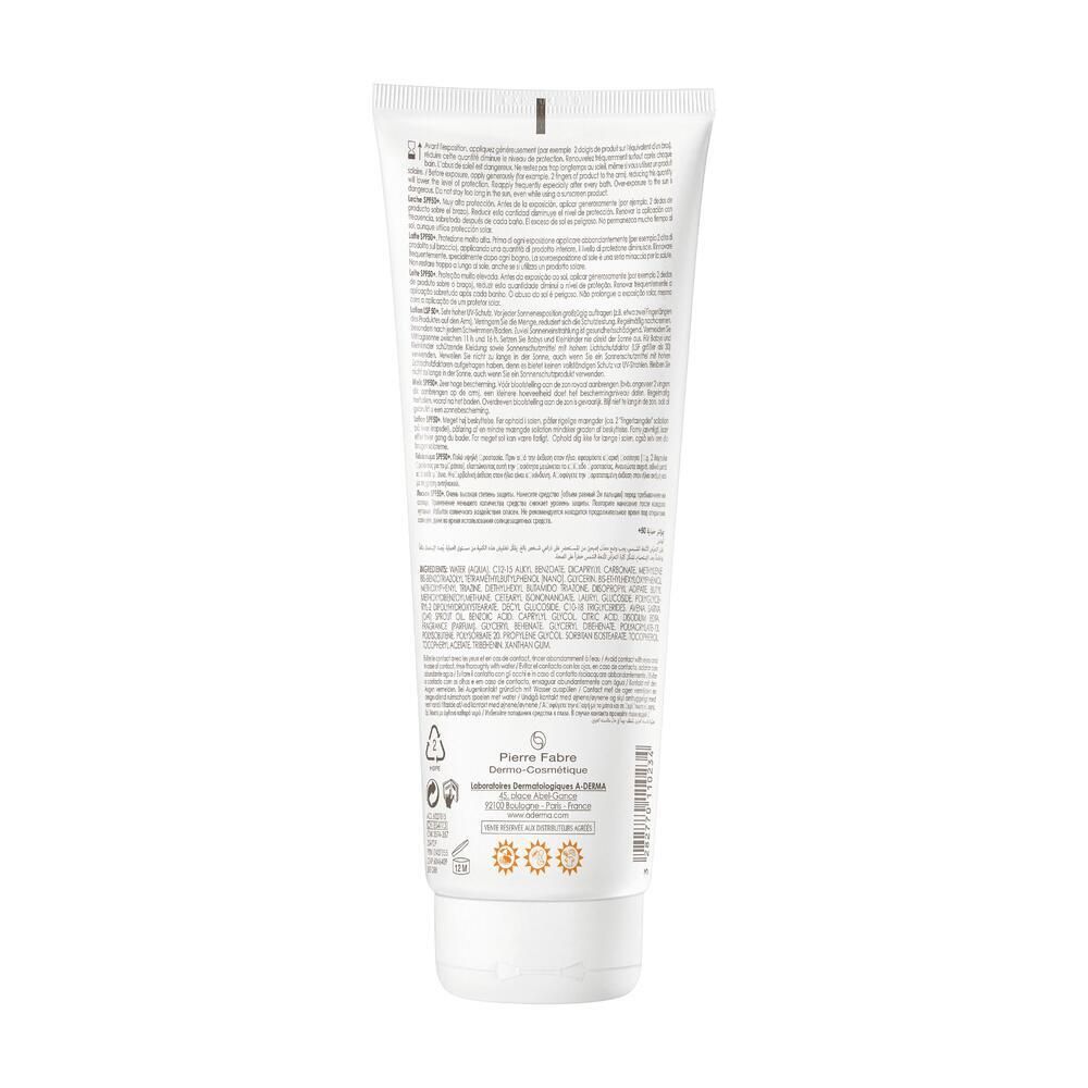 Retro del tubo A-DERMA Protect Lotion. Testo con ingredienti e istruzioni per l'uso. Logo Pierre Fabre. Logo sole.