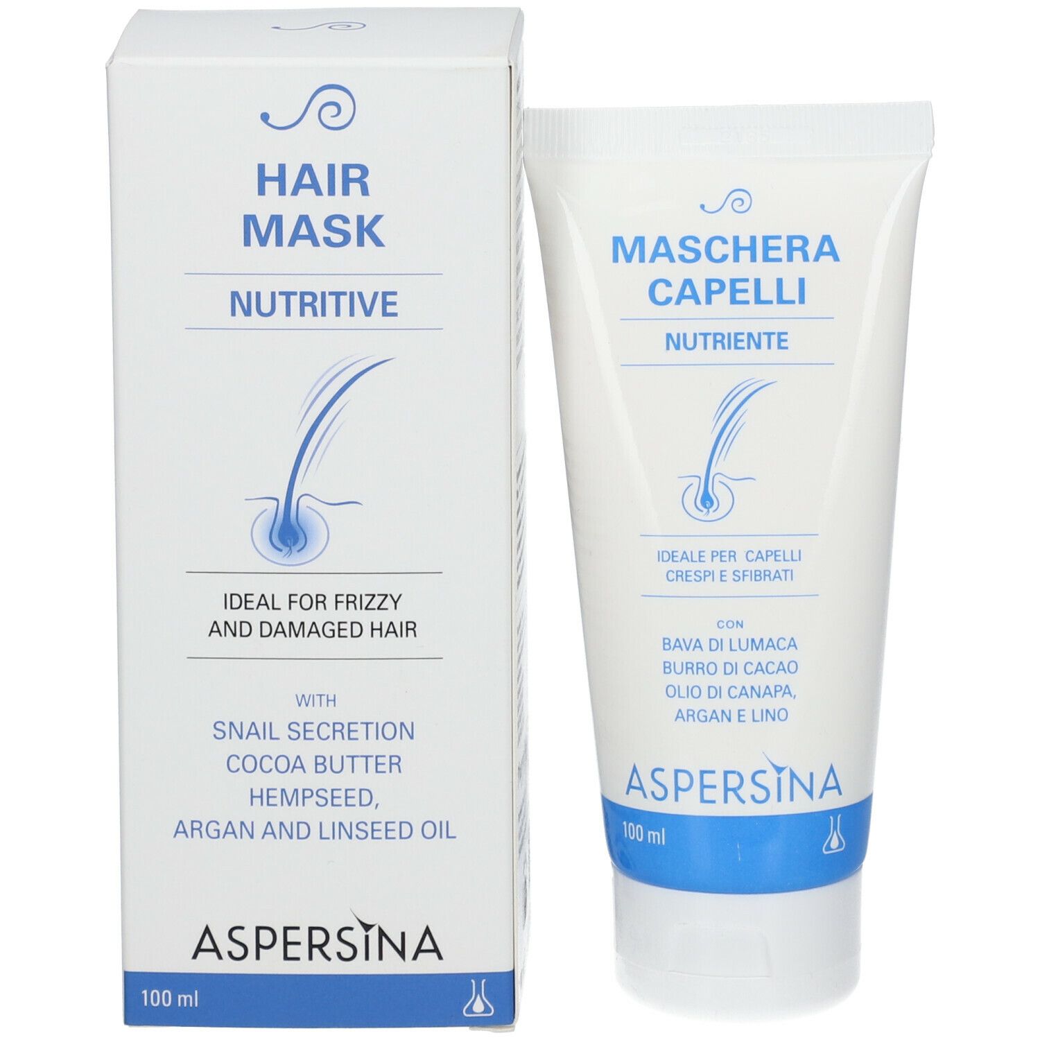 Confezione del prodotto con tubo. Scatola e tubo. Marca: ASPERSINA. Testo: Hair Mask, Nutritive. 100 ml.