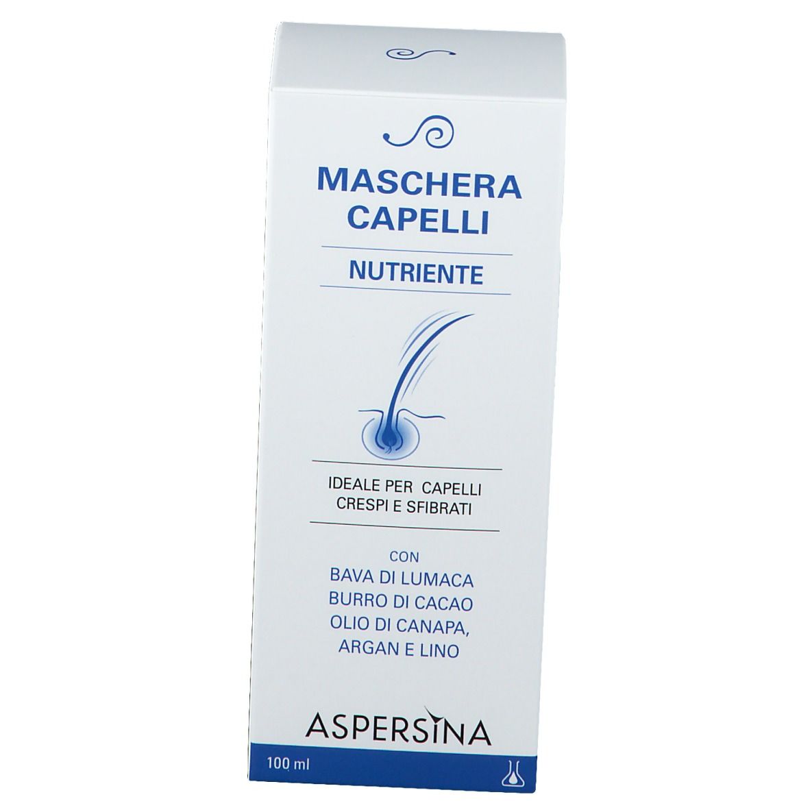 Confezione in cartone. Testo: Maschera Capelli, Nutriente. Marca: ASPERSINA. 100 ml.