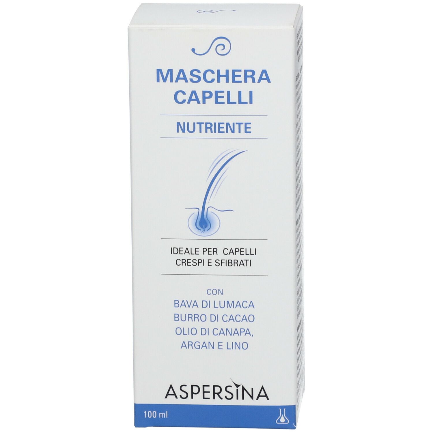 Confezione in cartone. Testo: Maschera Capelli, Nutriente. Marca: ASPERSINA. 100 ml.