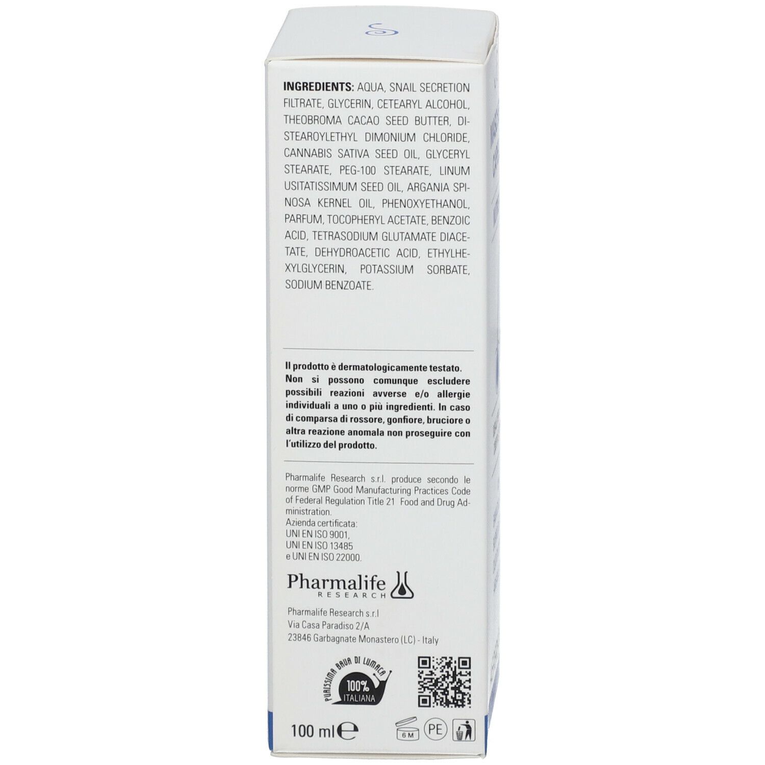 Confezione in cartone. Testo: Ingredienti, Marca: Pharmalife Research. 100 ml.