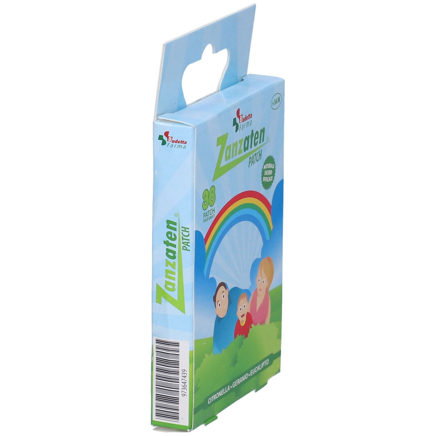 Vista laterale della confezione di Zanzaten Patch. Stampa: 36 patch, arcobaleno, famiglia. Ingredienti: Citronella, Geranio, Eucalipto.