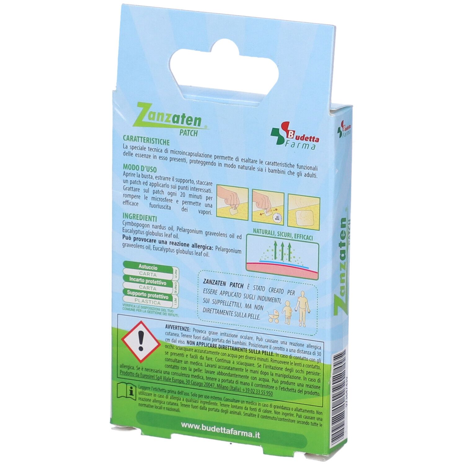 Retro della confezione di Zanzaten Patch. Testo: utilizzo, ingredienti, avvertenze. Illustrazioni: istruzioni per l'uso.