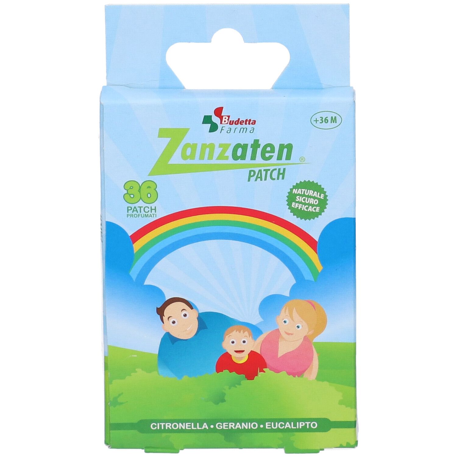 Confezione di Zanzaten Patch. Stampa: 36 patch, arcobaleno, famiglia. Ingredienti: Citronella, Geranio, Eucalipto. Logo: Budetta Farma.