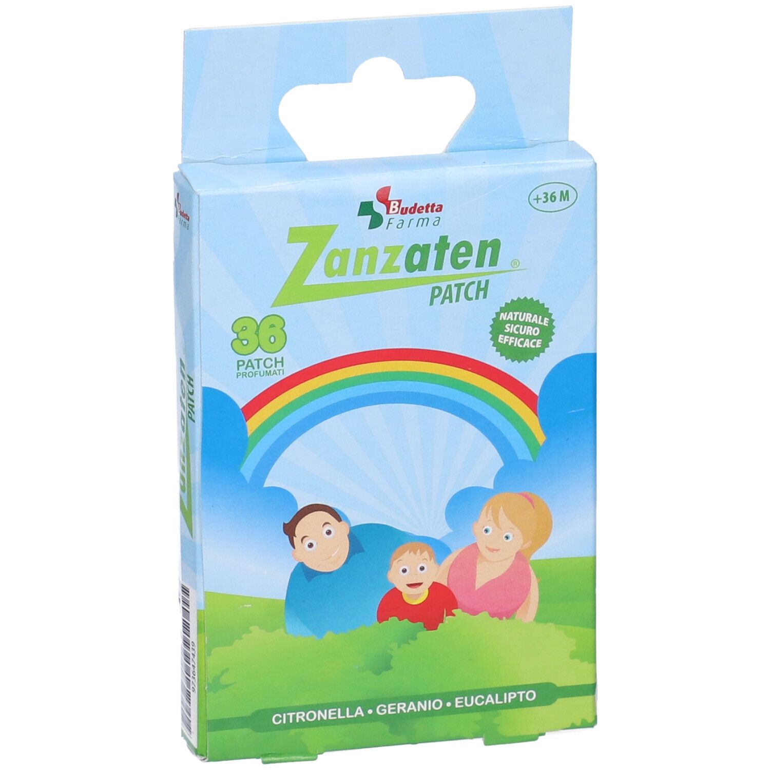 Confezione di Zanzaten Patch. Stampa: 36 patch, arcobaleno, famiglia. Ingredienti: Citronella, Geranio, Eucalipto. Logo: Budetta Farma.