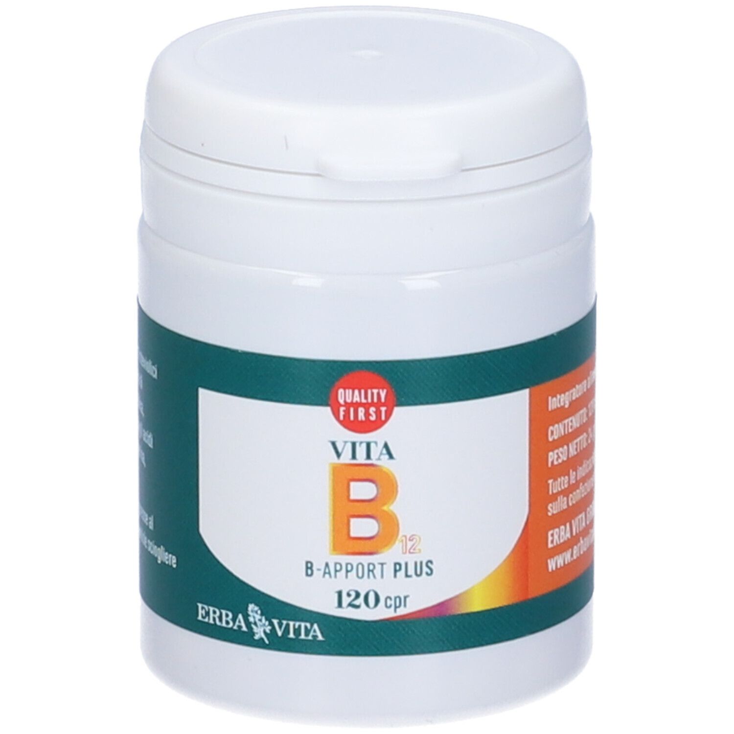 Flacone bianco con scritta: Vita B12 B-Apport Plus, 120 cpr. Marchio: Erba Vita. Marchio di qualità.