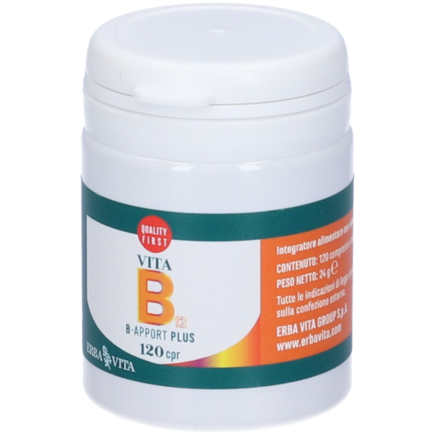 Flacone bianco con scritta: Vita B12 B-Apport Plus, 120 cpr. Marchio: Erba Vita. Marchio di qualità.