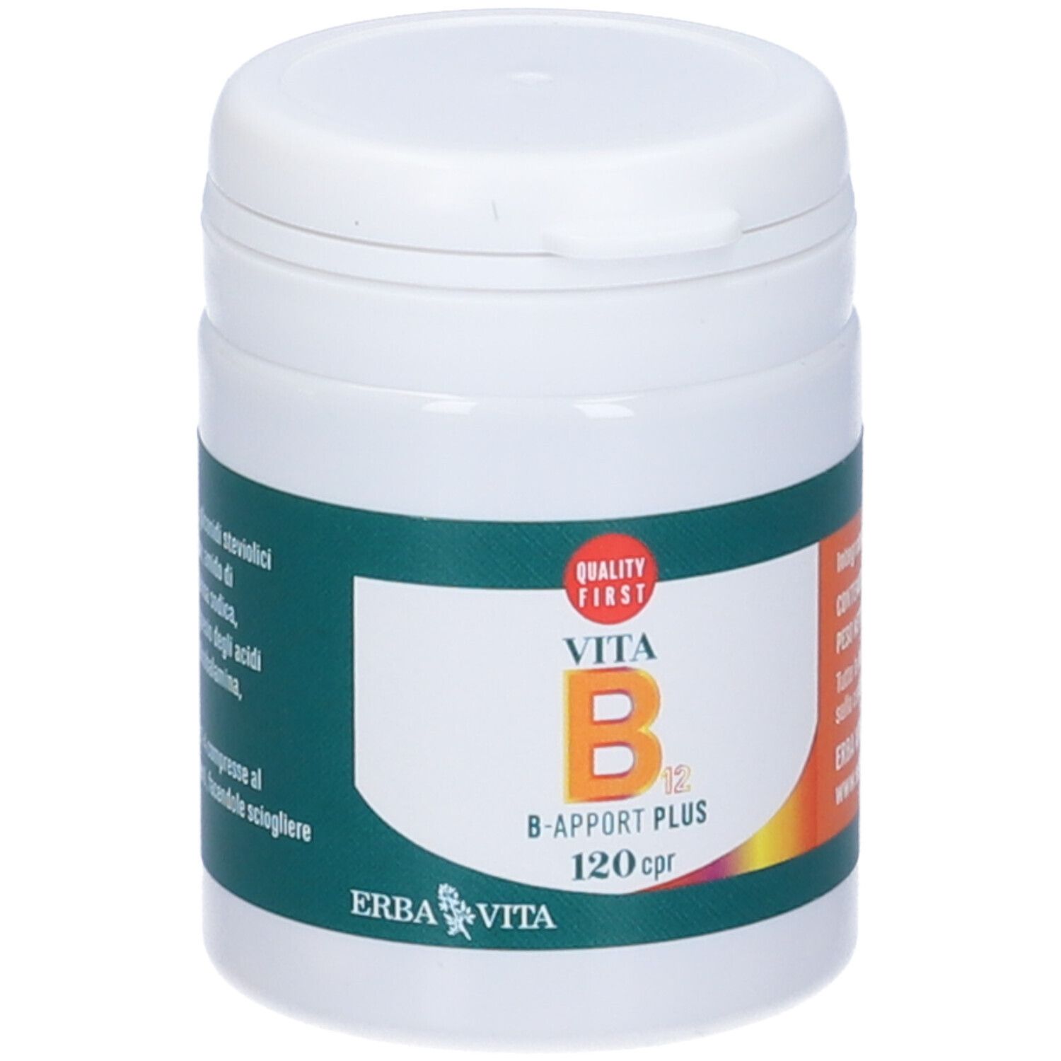 Flacone bianco con scritta: Vita B12 B-Apport Plus, 120 cpr. Marchio: Erba Vita. Marchio di qualità.