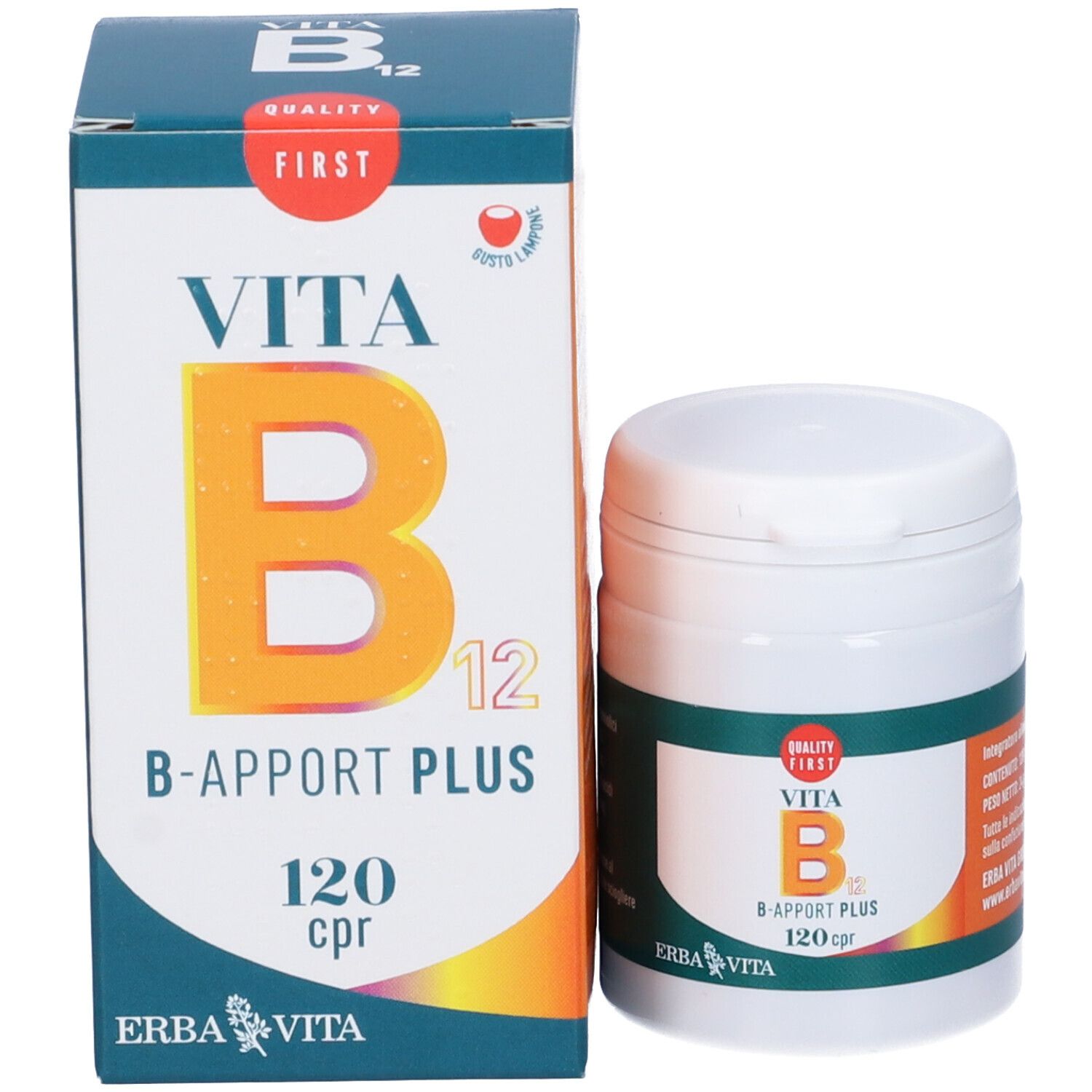 Scatola e flacone con scritta: Vita B12 B-Apport Plus, 120 cpr. Marchio: Erba Vita. Marchio di qualità.