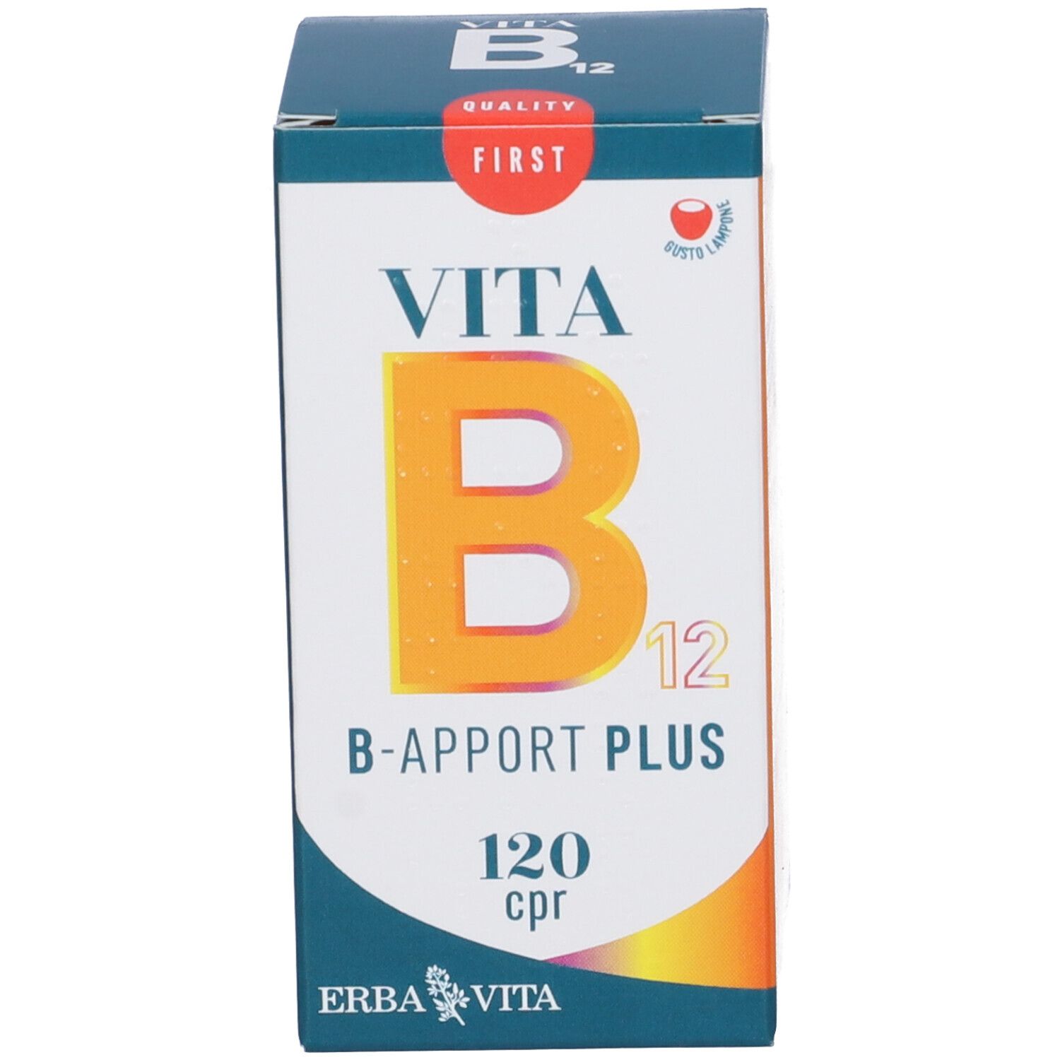 Scatola con scritta: Vita B12 B-Apport Plus, 120 cpr. Marchio: Erba Vita. Marchio di qualità.