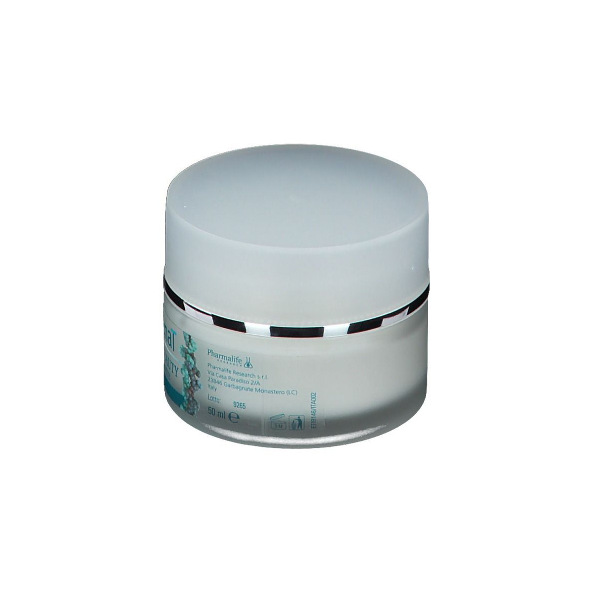 Vaso di crema con coperchio. Scritta: Collagenal Sleeping Beauty Crema Viso Notte. Etichetta turchese e bianca con testo.