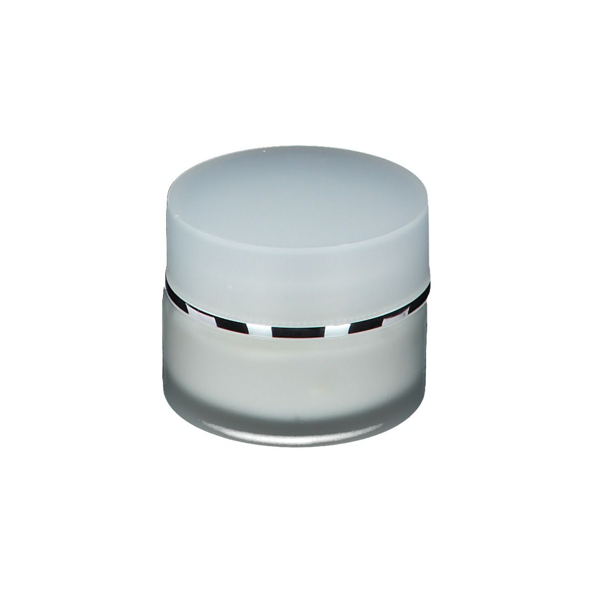 Vaso di crema con coperchio. Scritta: Collagenal Sleeping Beauty Crema Viso Notte. Vaso bianco con anello argentato.