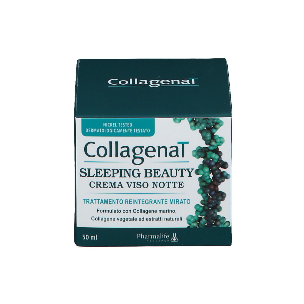 Scatola. Scritta: Collagenal Sleeping Beauty Crema Viso Notte. Testo e logo. Confezione verde e nera.