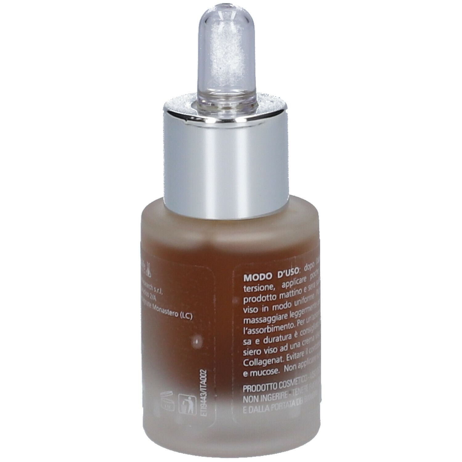 Flacone in vetro con liquido marrone e contagocce. Testo: Collagenal Pro-Density Siero Viso. Istruzioni stampate sul flacone.