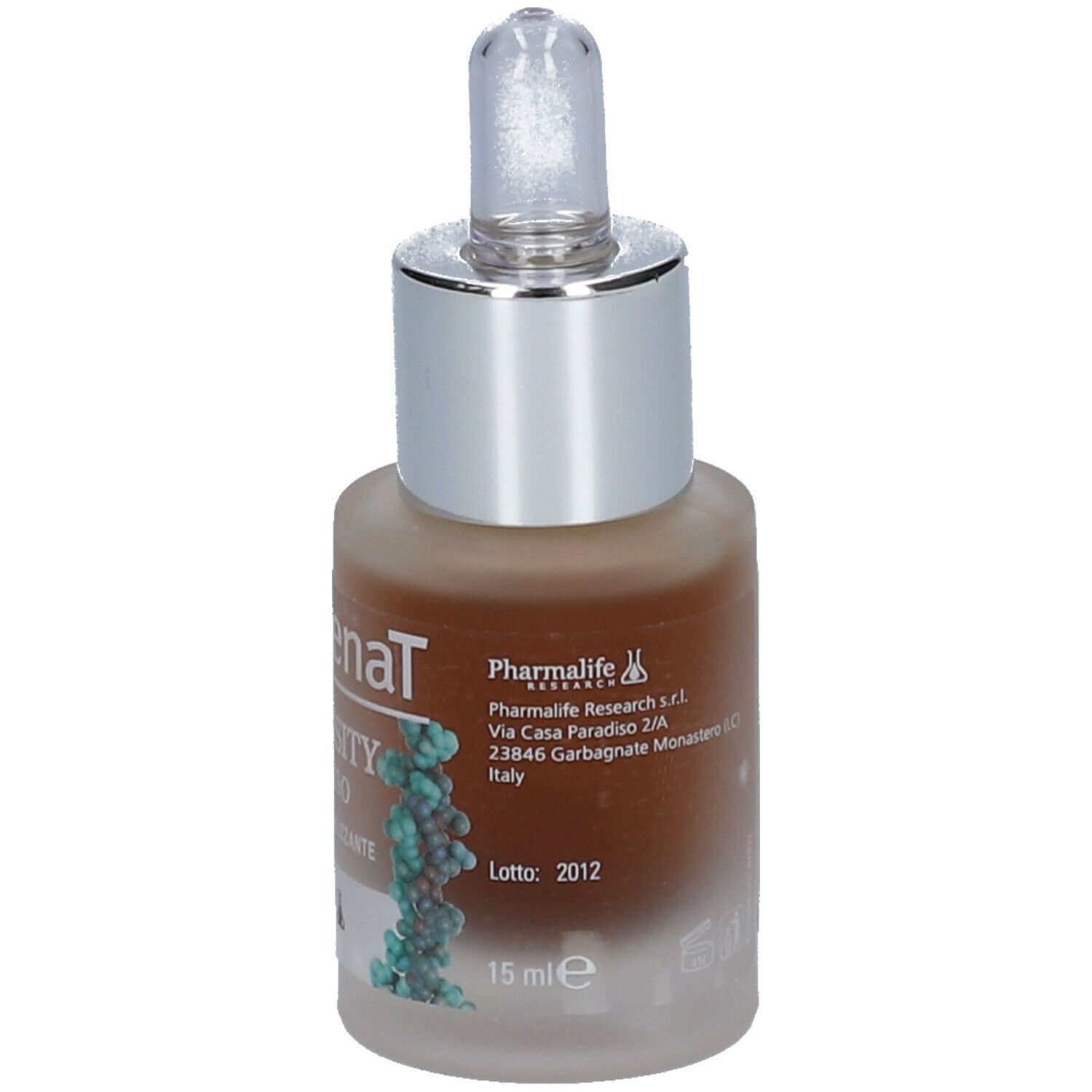 Flacone in vetro con liquido marrone e contagocce. Scritta: Collagenal Pro-Density Siero Viso. Marchio: Pharmalife Research. Volume: 15 ml.