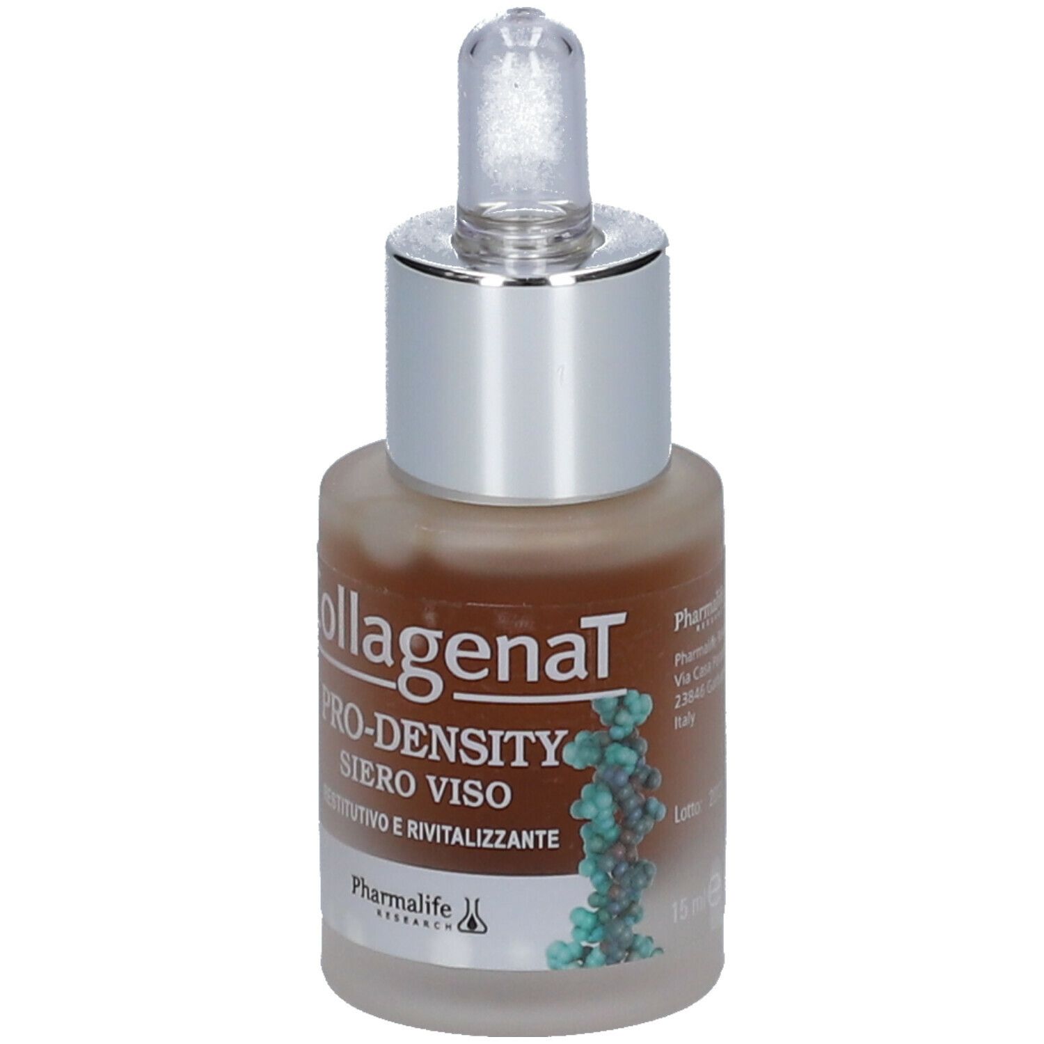 Flacone in vetro con liquido marrone e contagocce. Scritta: Collagenal Pro-Density Siero Viso. Marchio: Pharmalife Research. Volume: 15 ml.