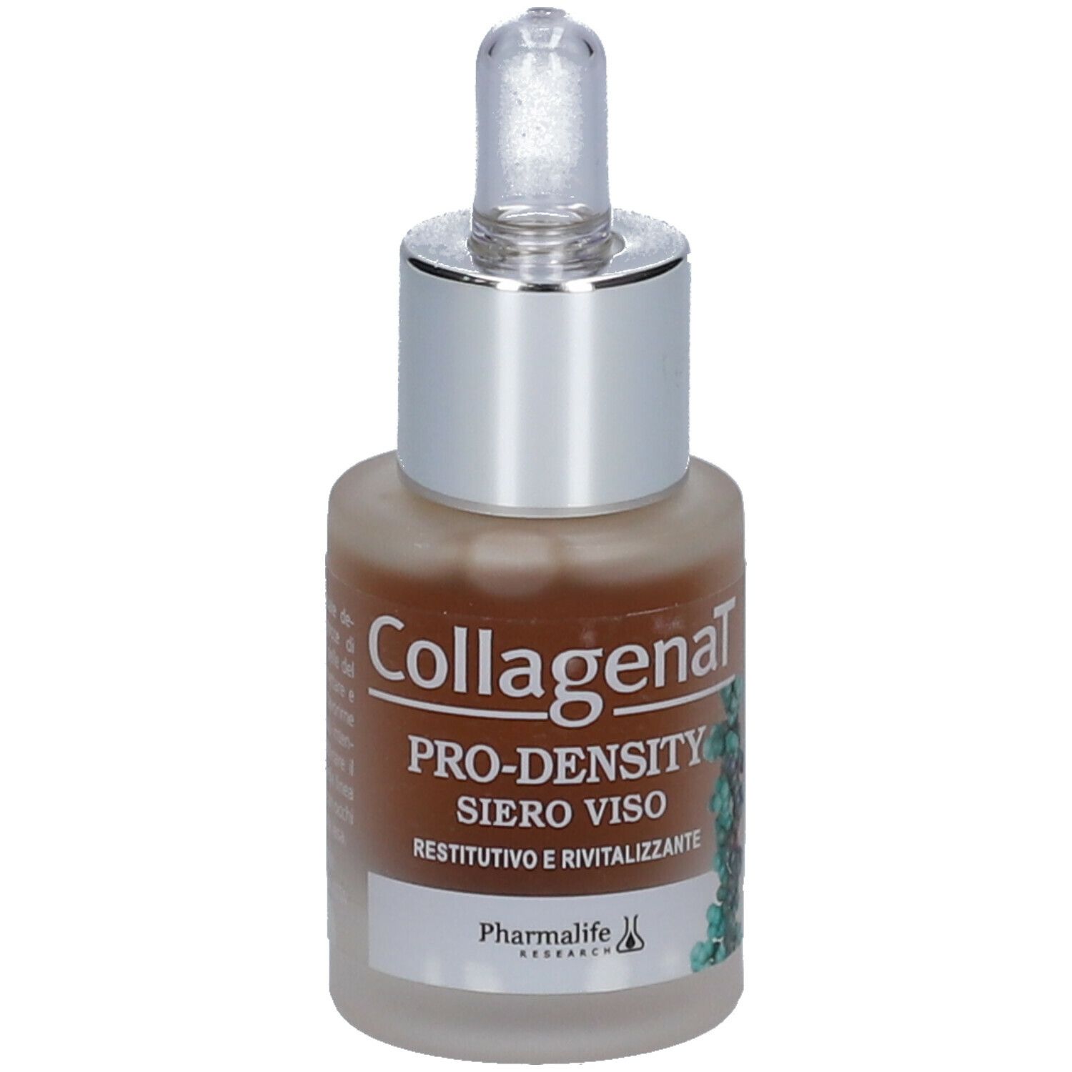 Flacone in vetro con liquido marrone e contagocce. Scritta: Collagenal Pro-Density Siero Viso. Marchio: Pharmalife Research. Volume: 15 ml.