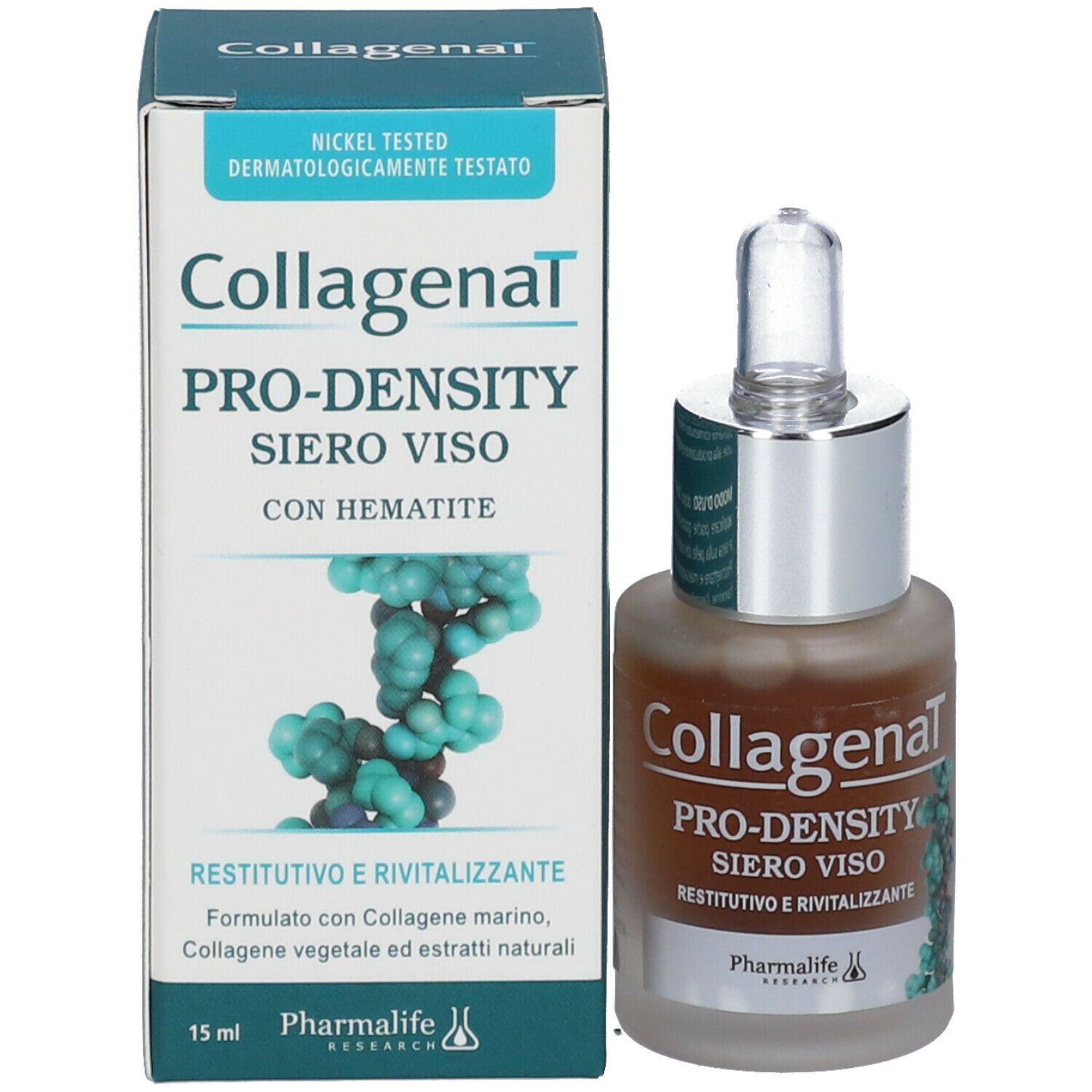Confezione e flacone. Scritta: Collagenal Pro-Density Siero Viso. Marchio: Pharmalife Research. Volume: 15 ml. Testato al nichel.