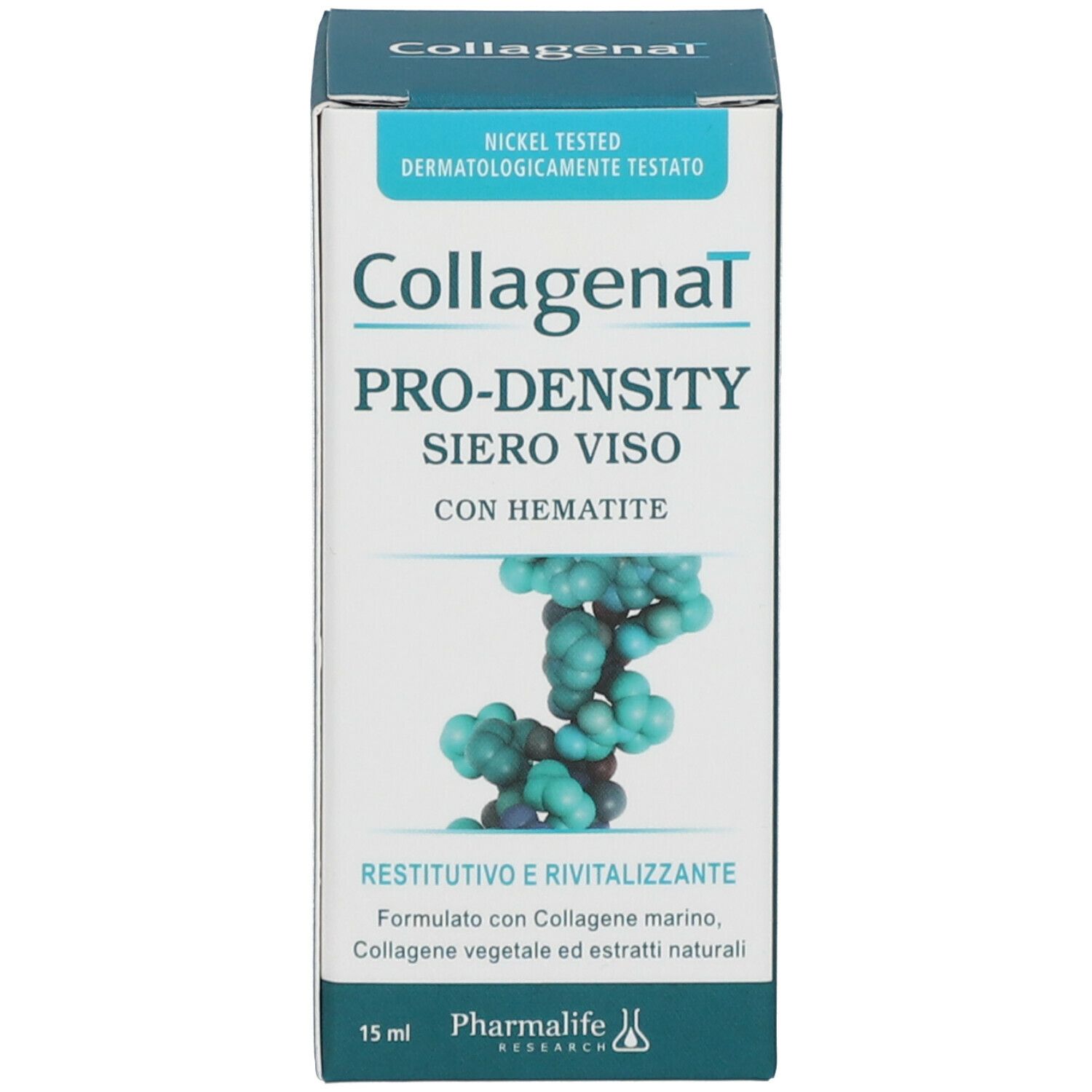 Confezione del prodotto. Scritta: Collagenal Pro-Density Siero Viso. Marchio: Pharmalife Research. Volume: 15 ml. Testato al nichel.