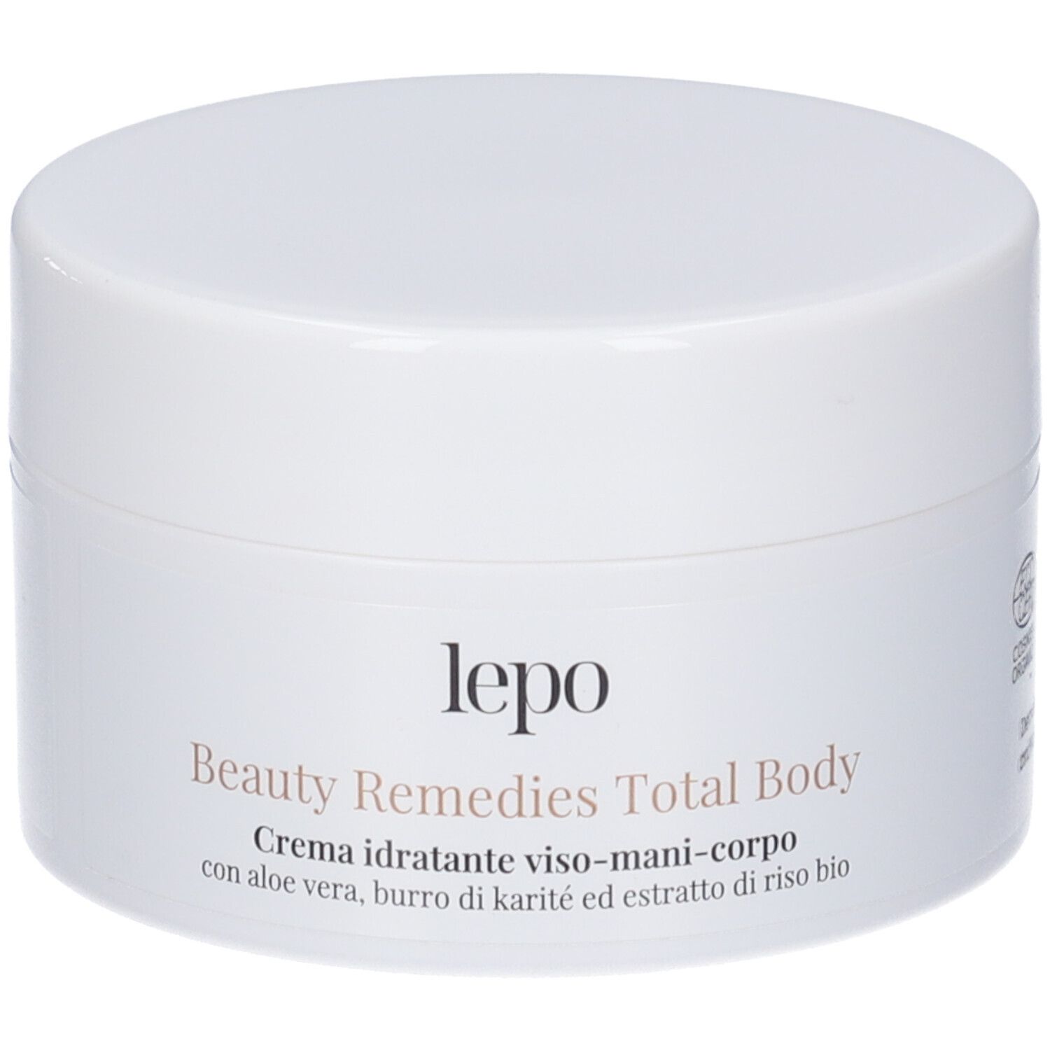 Vasetto bianco con coperchio. Scritta: "lepo Beauty Remedies Total Body Crema idratante viso-mani-corpo".