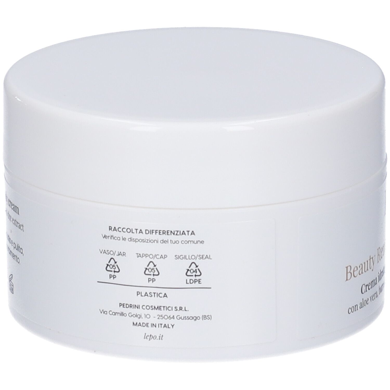 Vasetto bianco con coperchio. Sul retro simboli di riciclaggio e indirizzo del produttore.