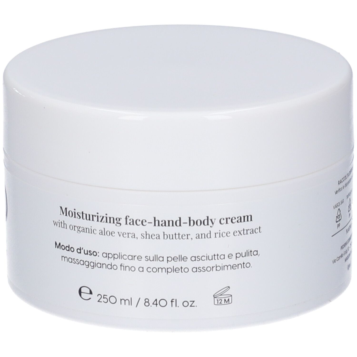 Vasetto bianco con coperchio. Scritta: "Moisturizing face-hand-body cream" e istruzioni per l'uso.