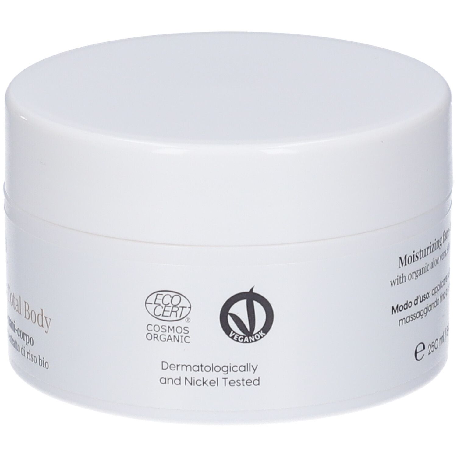 Vasetto bianco con coperchio. Scritta: "ECO CERT COSMOS ORGANIC", "VEGANOK" e "Dermatologically and Nickel Tested".