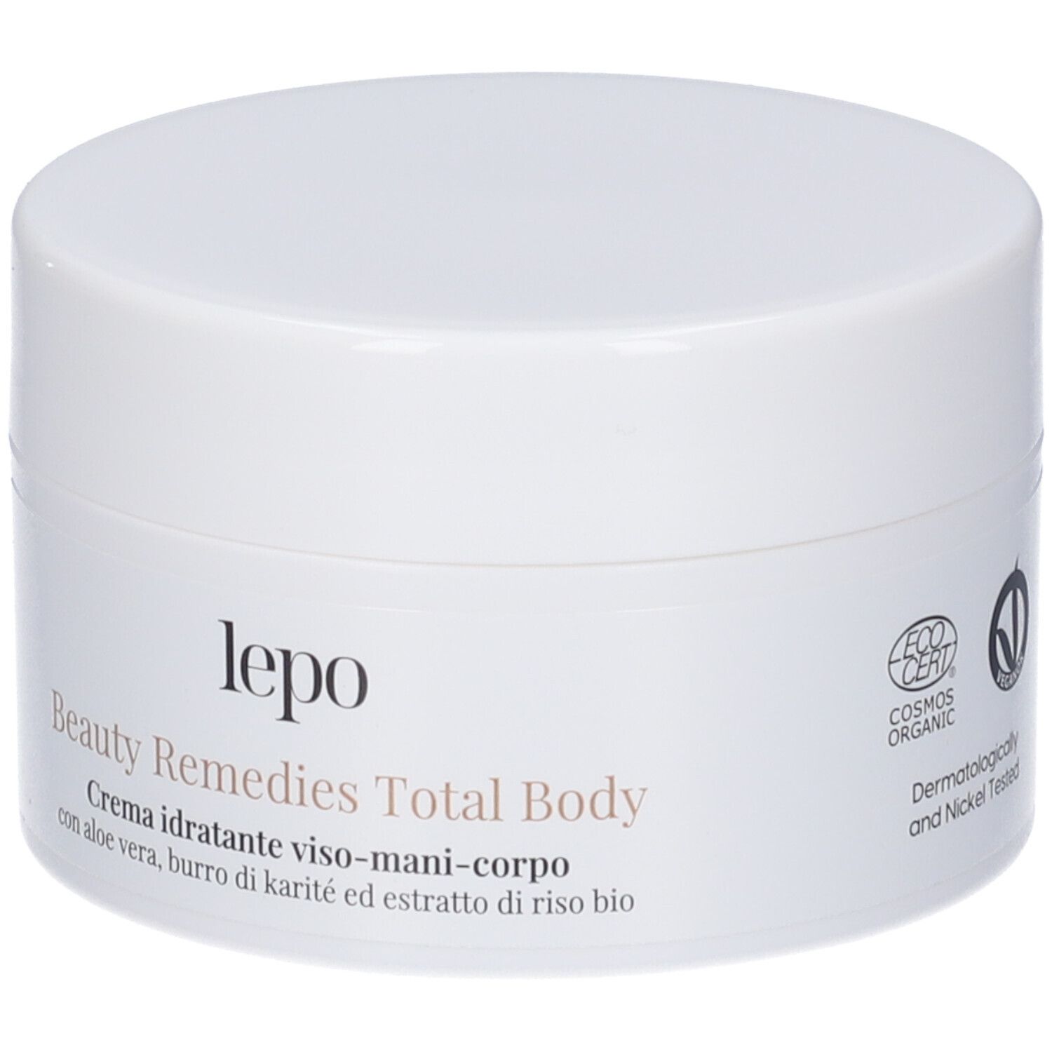 Vasetto bianco con coperchio. Scritta: "lepo Beauty Remedies Total Body Crema idratante viso-mani-corpo".