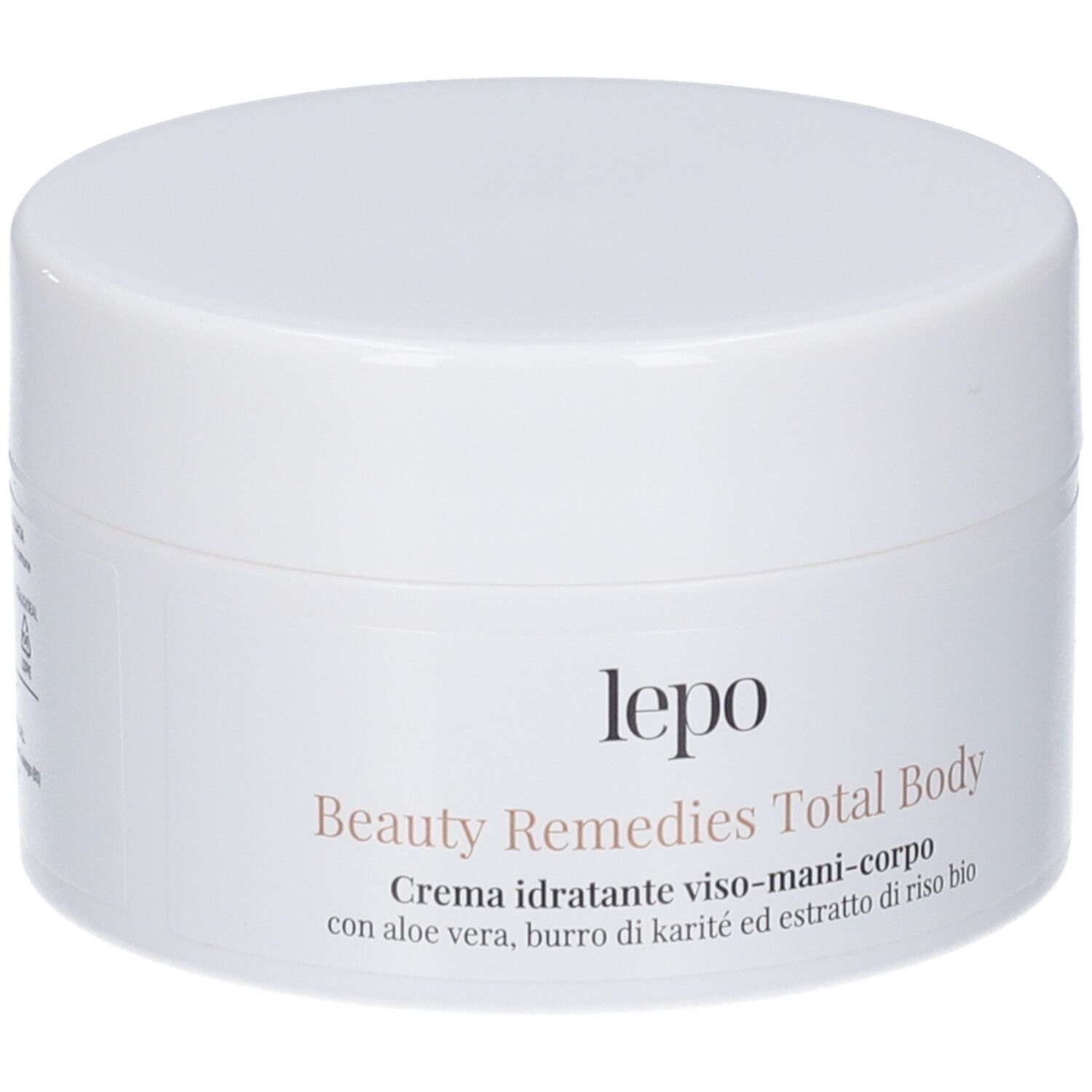 Vasetto bianco con coperchio. Scritta: "lepo Beauty Remedies Total Body Crema idratante viso-mani-corpo".