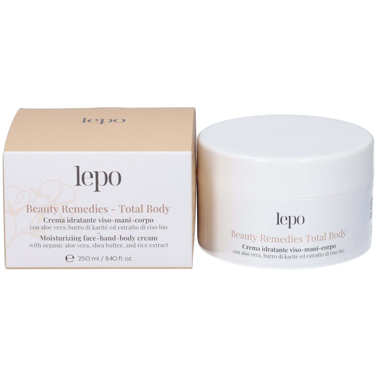 Vasetto bianco e una scatola. Sul vasetto c'è scritto "Beauty Remedies Total Body". Sulla scatola c'è scritto "lepo".