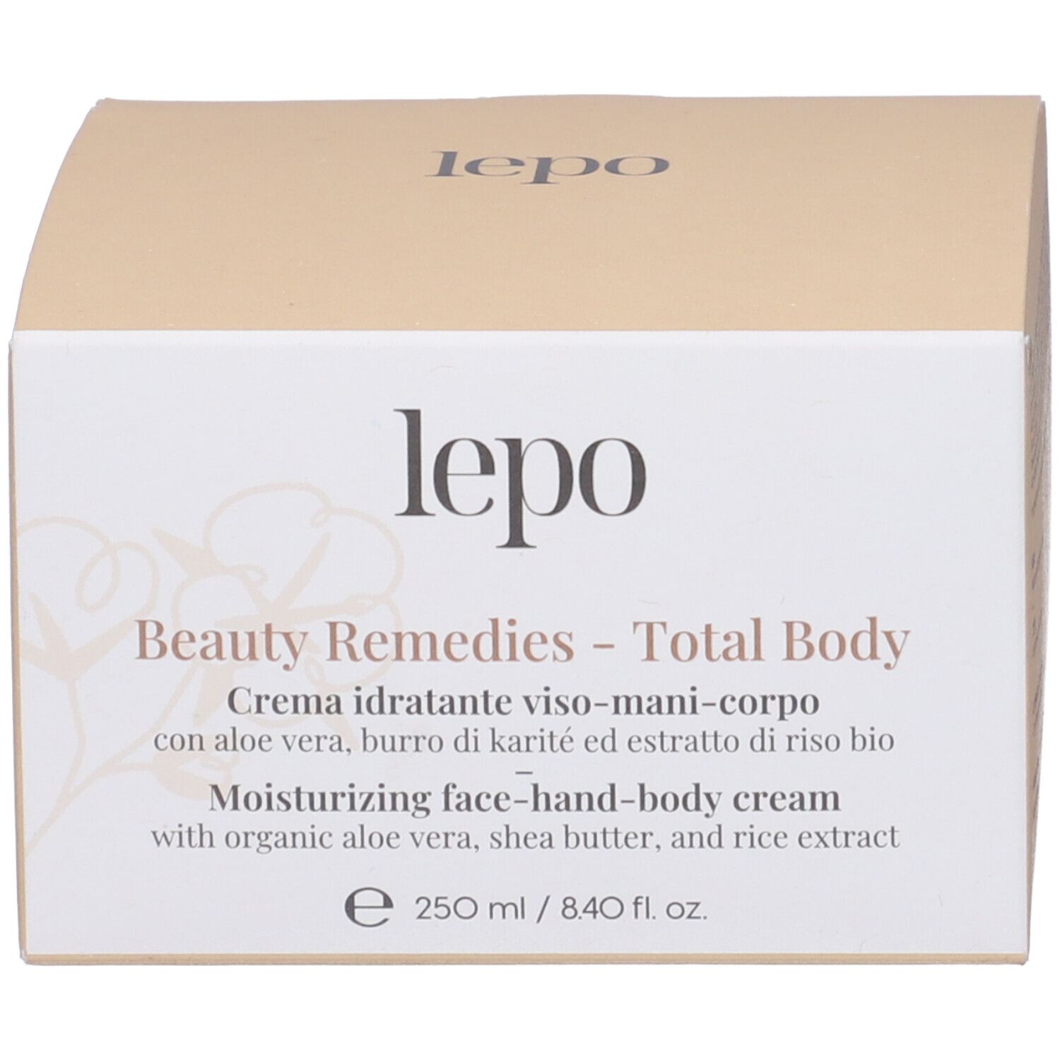Scatola beige con scritta "lepo Beauty Remedies - Total Body Crema idratante viso-mani-corpo".