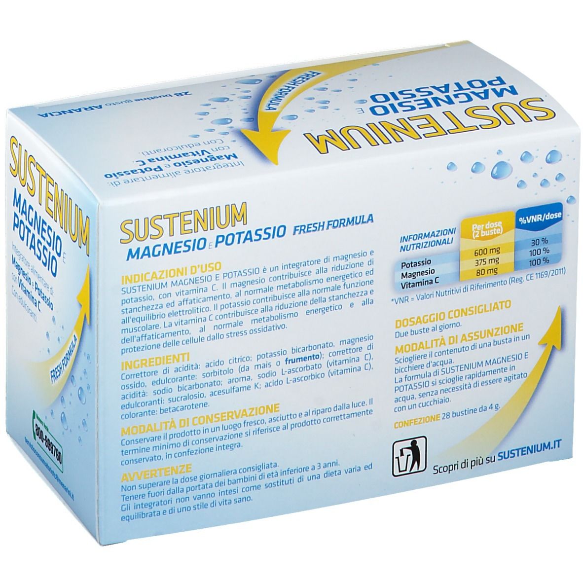 Retro della confezione di SUSTENIUM Magnesio e Potassio. Contiene informazioni su ingredienti e dosaggio.