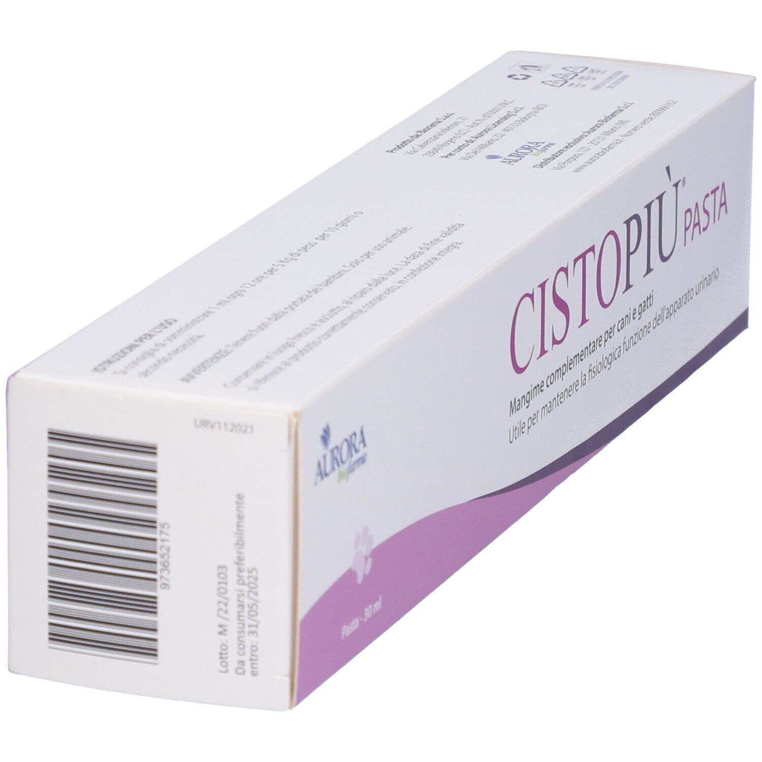 Scatola con informazioni sul prodotto. Codice a barre e testo. Marchio Aurora biofarma. Nome prodotto Cistopiù Pasta.