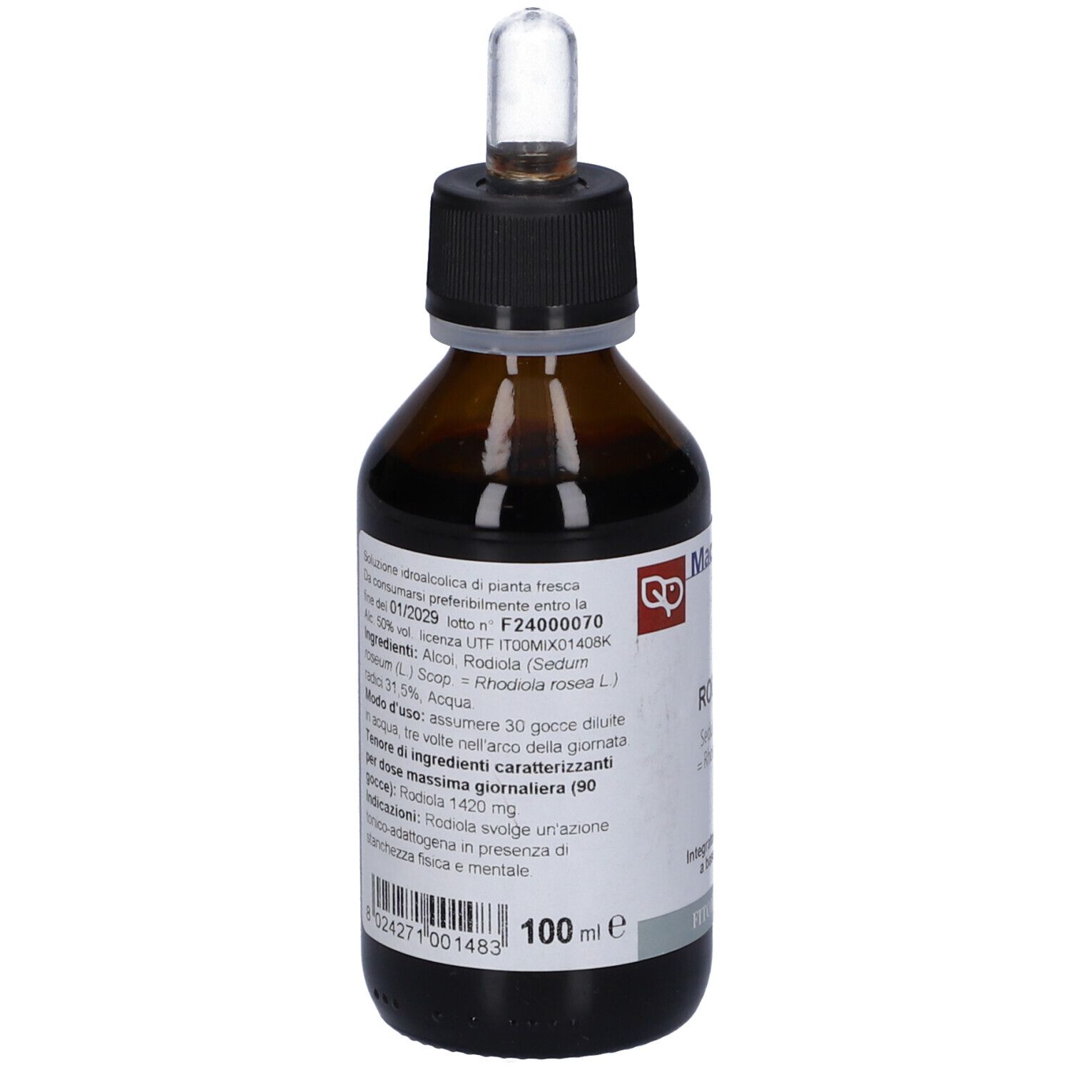 Flacone di vetro marrone con tappo nero e contagocce. Etichetta bianca con nome del prodotto e logo. Vista dettagliata degli ingredienti.