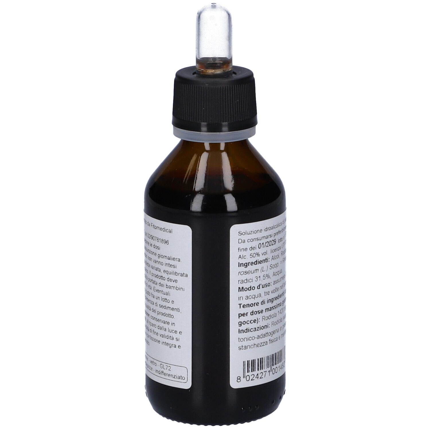 Flacone di vetro marrone con tappo nero e contagocce. Etichetta bianca con nome del prodotto e logo. Vista laterale.