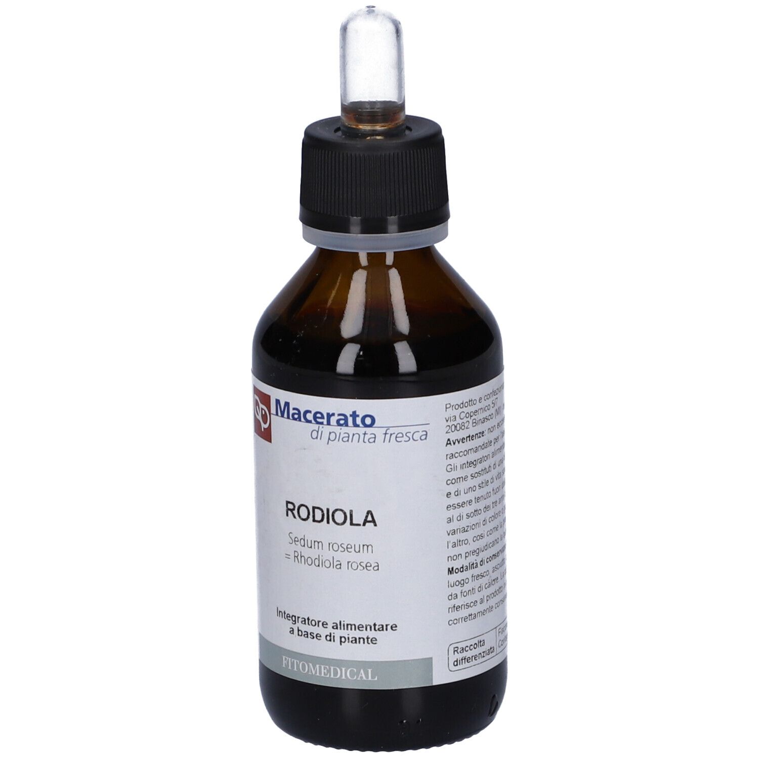 Flacone di vetro marrone con tappo nero e contagocce. Etichetta bianca con nome del prodotto e logo. Vista dettagliata.