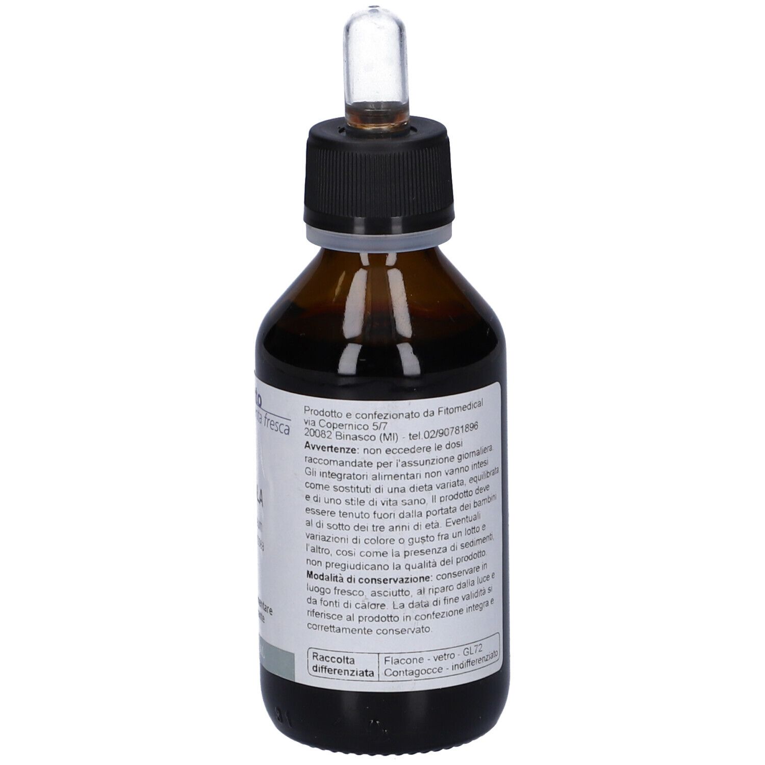 Flacone di vetro marrone con tappo nero e contagocce. Etichetta bianca con nome del prodotto e logo. Vista posteriore.
