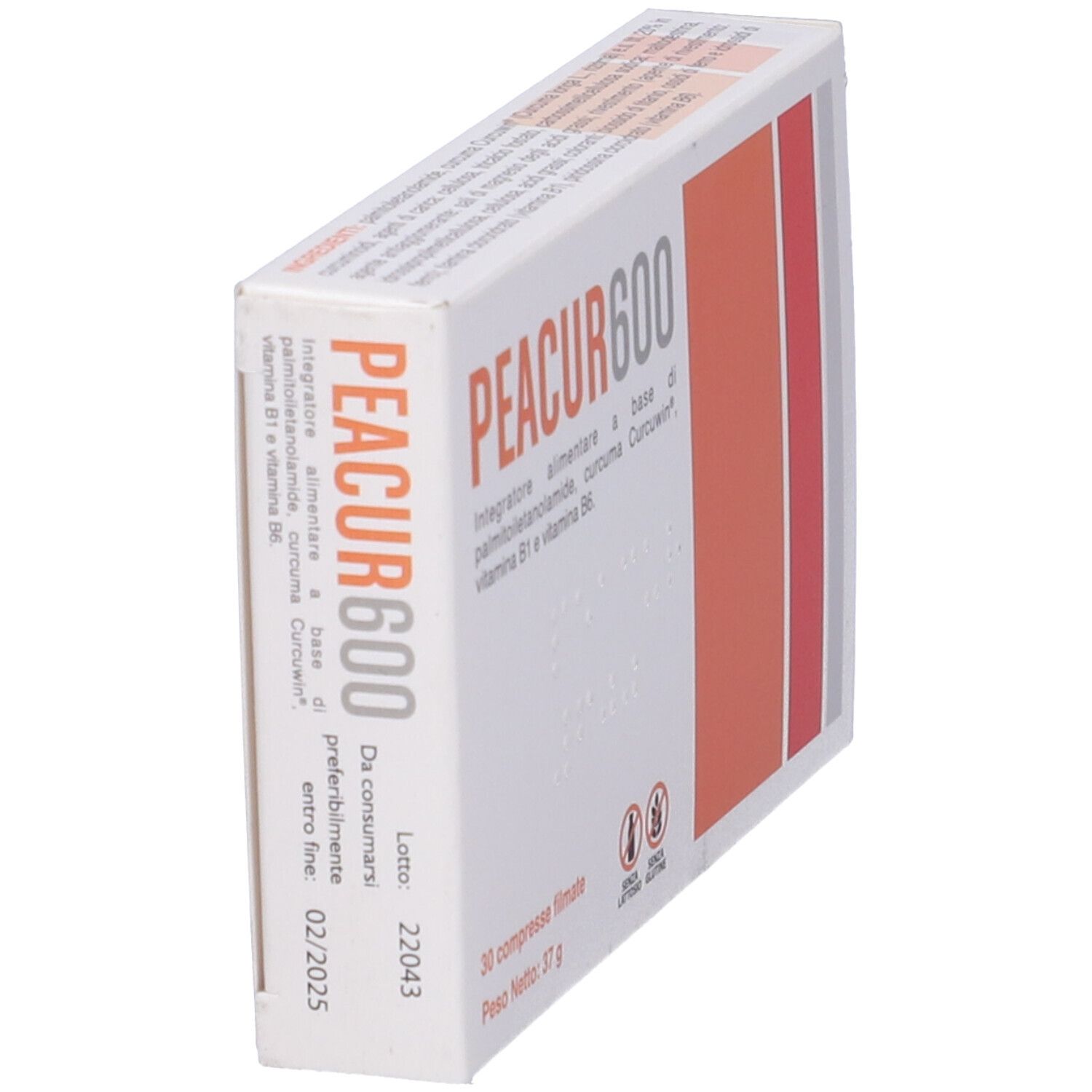 Scatola di compresse PEACUR600. Confezione arancione e bianca. Contiene 30 compresse. Scadenza 02/2025.
