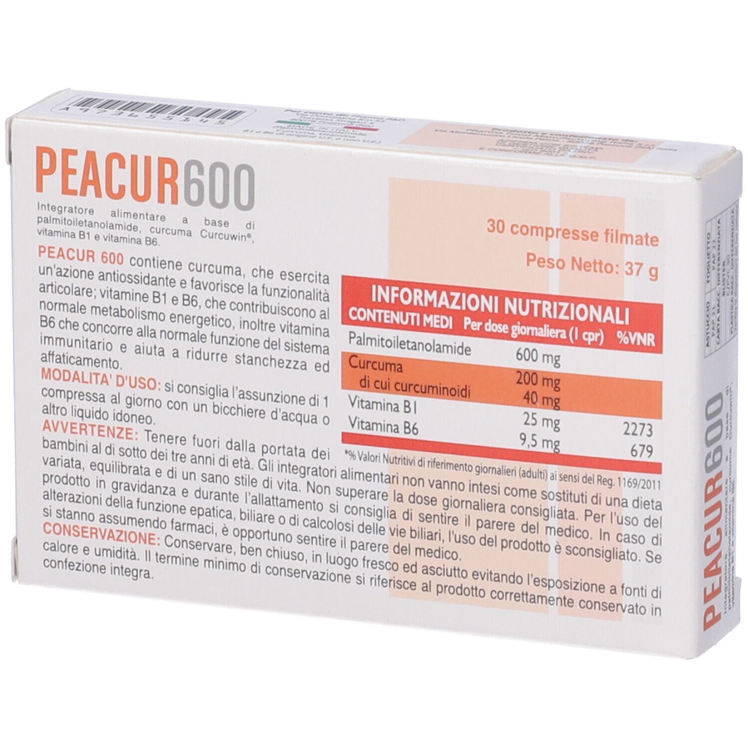 Scatola di compresse PEACUR600 con informazioni nutrizionali. Contiene 30 compresse. Ingredienti e valori nutrizionali visibili.