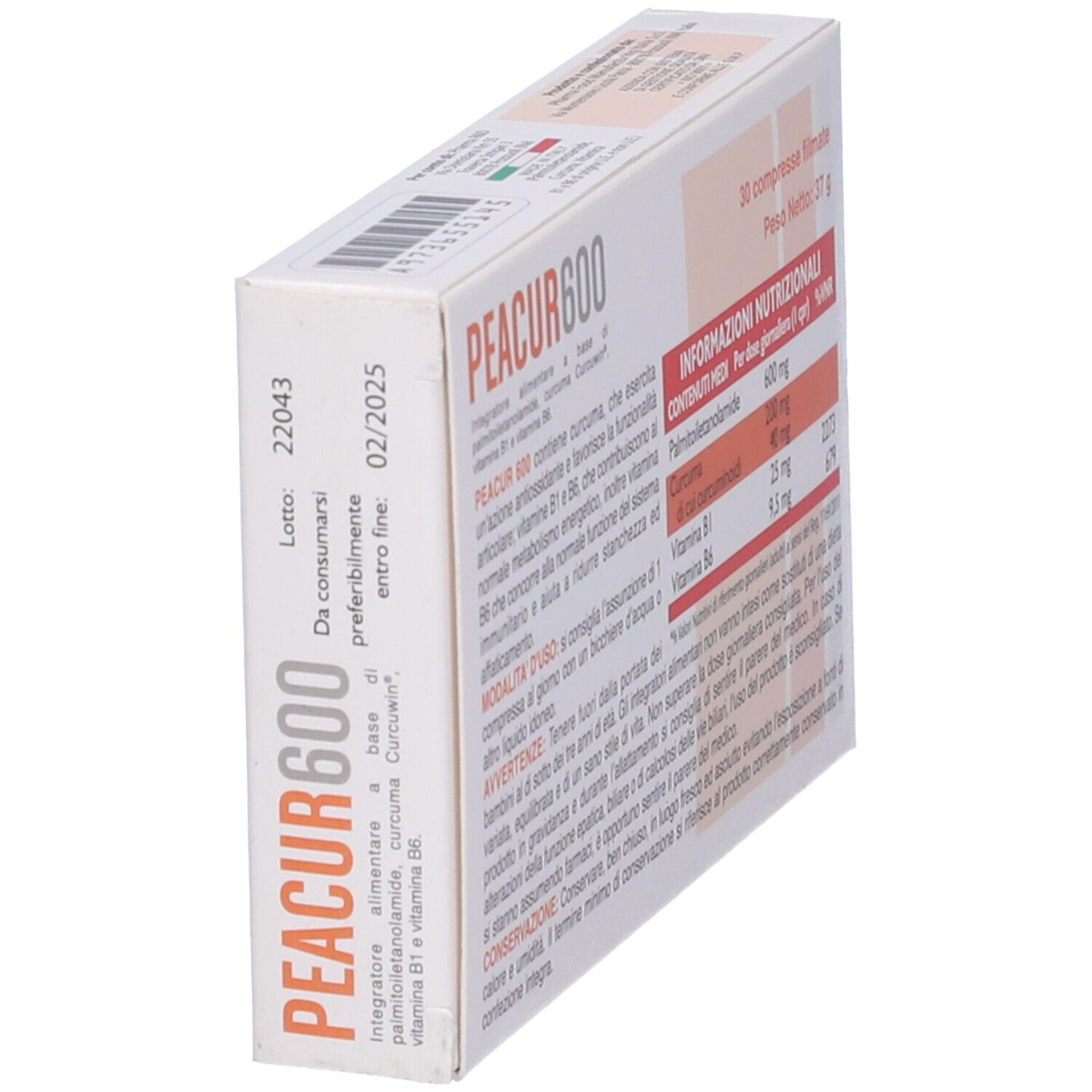 Scatola di compresse PEACUR600 con informazioni nutrizionali. Contiene 30 compresse. Scadenza 02/2025. Ingredienti visibili.