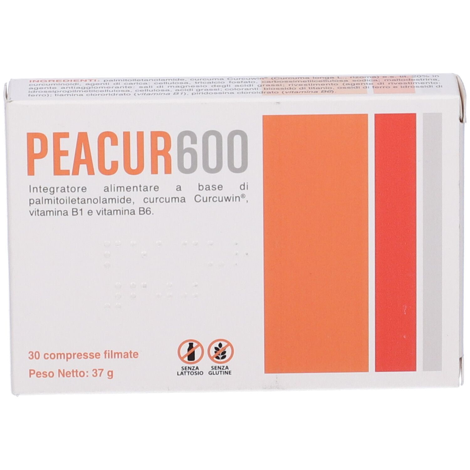 Scatola di compresse PEACUR600. Confezione arancione e bianca. Contiene 30 compresse. Senza glutine e senza lattosio.