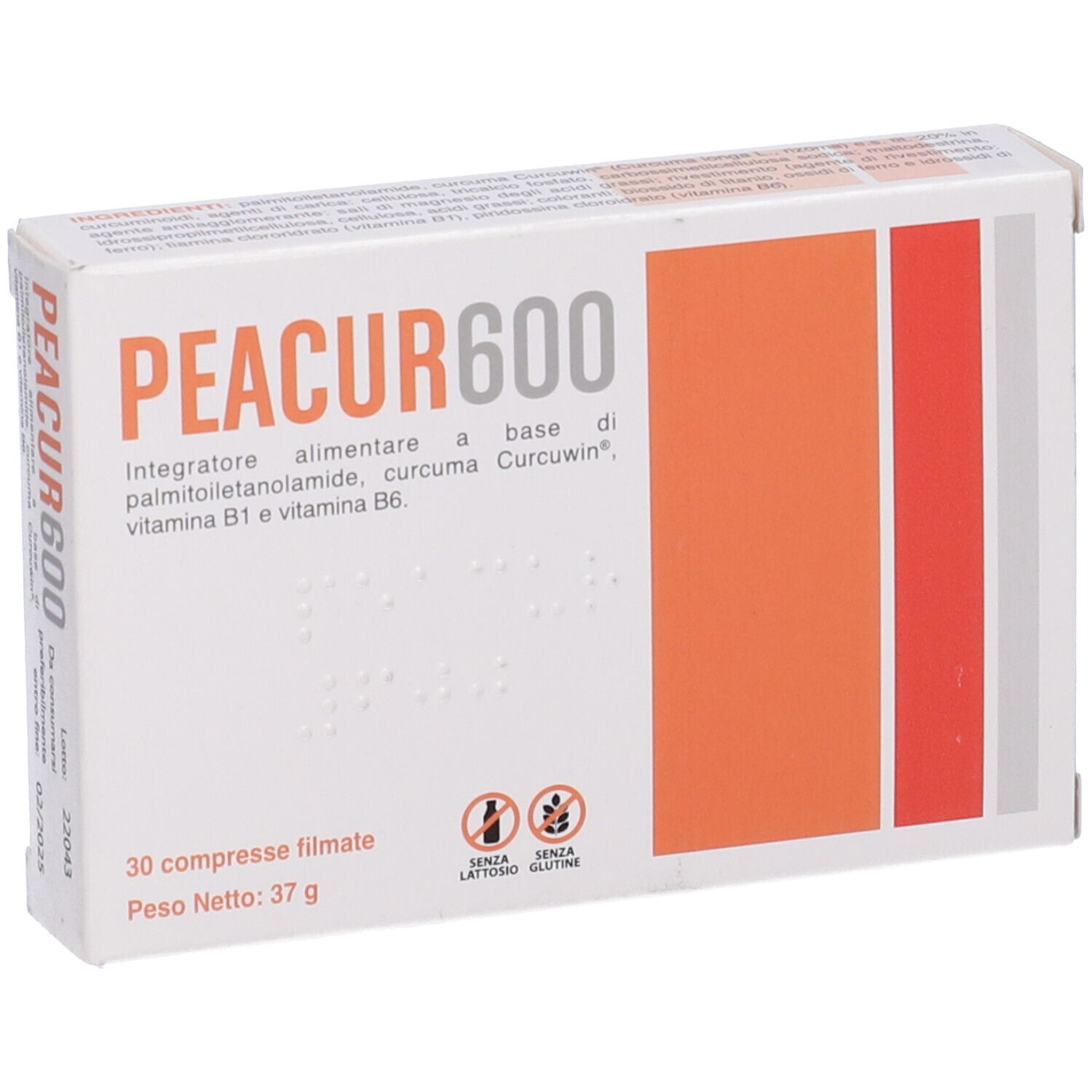Scatola di compresse PEACUR600. Confezione arancione e bianca. Contiene 30 compresse. Senza glutine e senza lattosio.