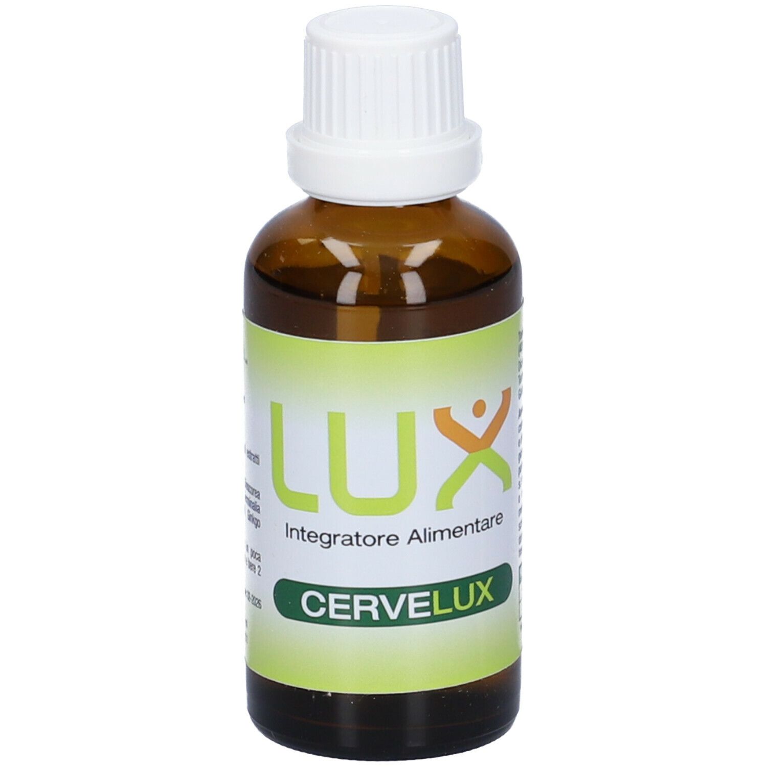 Flacone di vetro marrone con tappo bianco. Etichetta con LUX, integratore alimentare e CERVELUX.