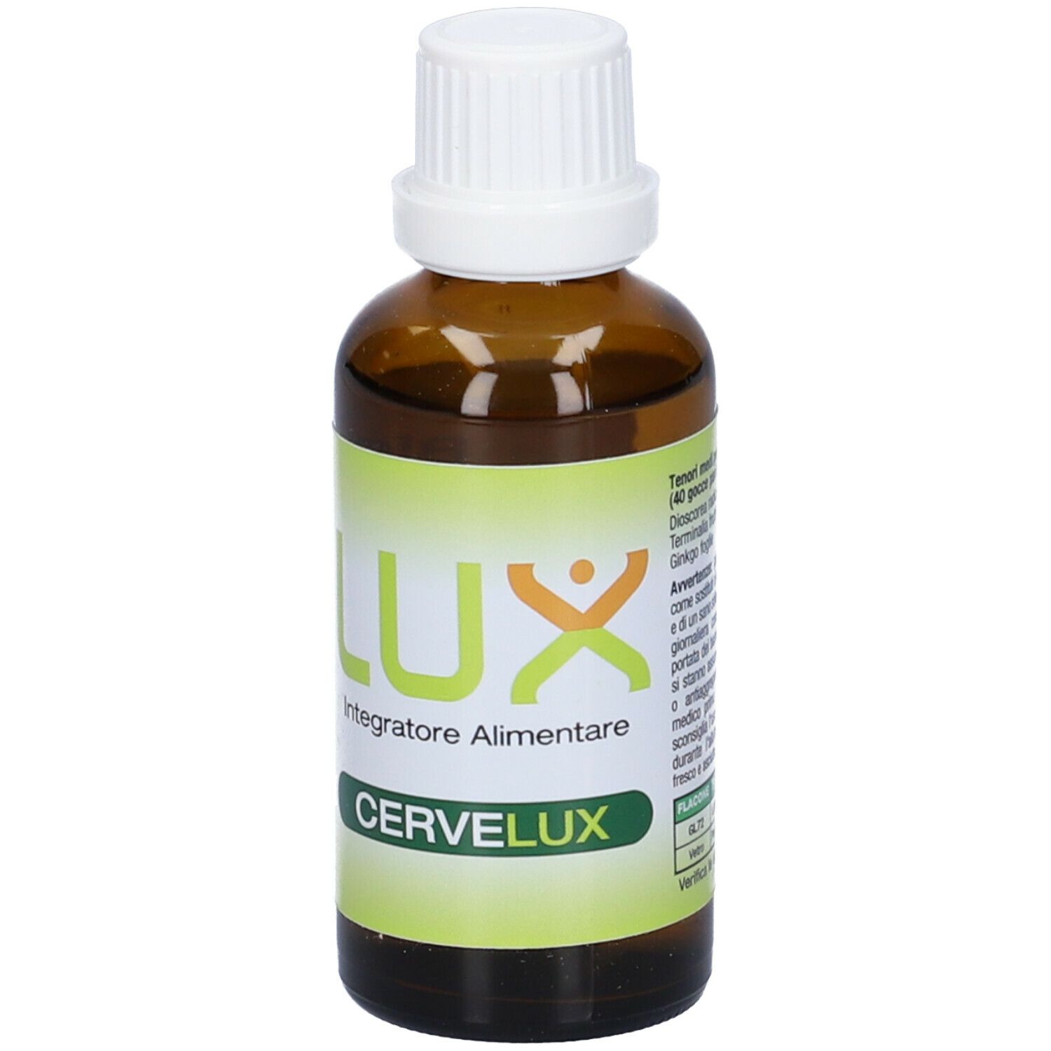 Flacone vetro marrone con tappo bianco. Etichetta con LUX, integratore, CERVELUX e ingredienti.