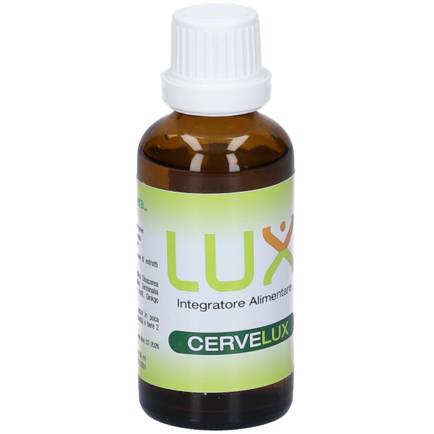 Flacone vetro marrone con tappo bianco. Etichetta con LUX, integratore, CERVELUX e ingredienti.