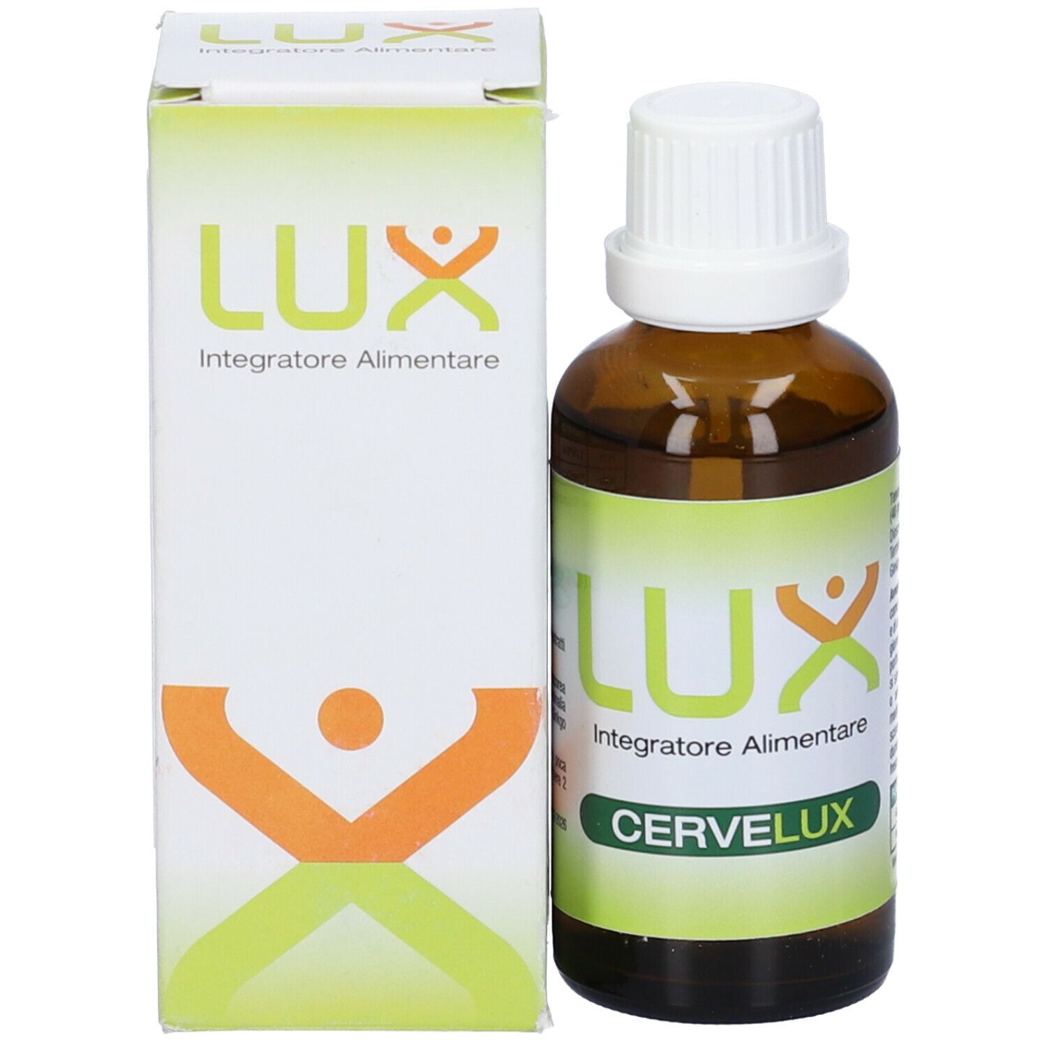 Flacone vetro marrone con tappo bianco e confezione. Etichetta con LUX, integratore, CERVELUX.