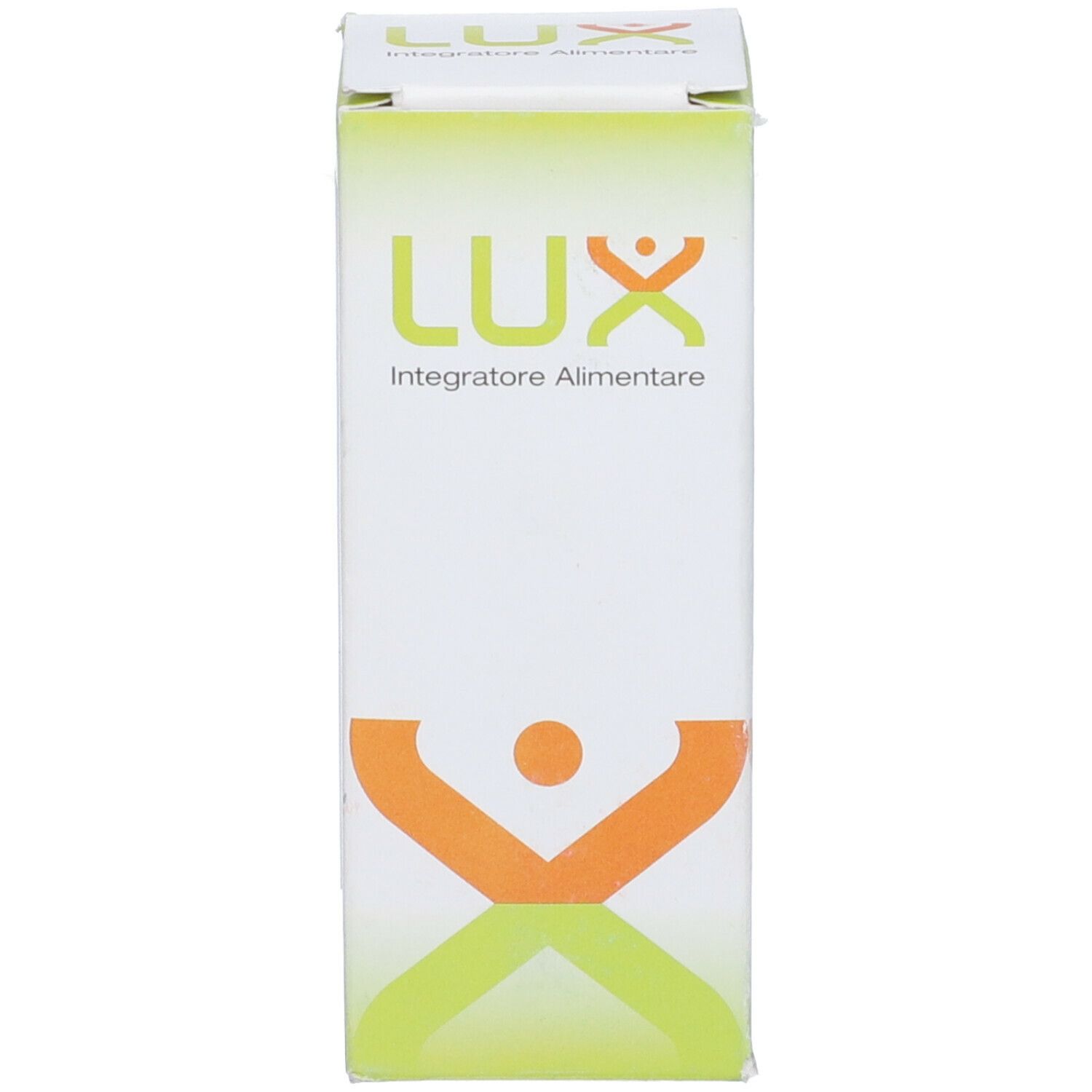 Confezione con nome prodotto LUX, integratore alimentare. Design verde-arancione con logo.